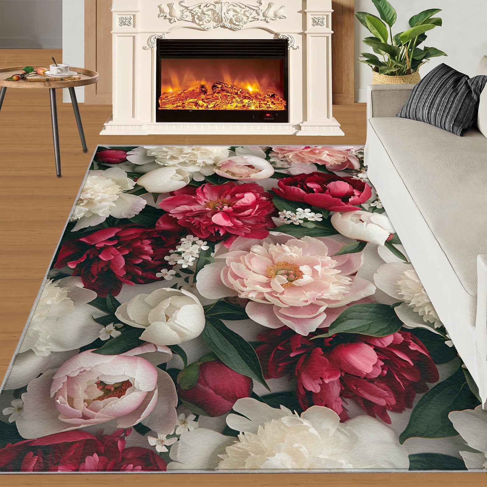 SANSJI Vintage Floral Rugs for Girls Bedroom 200x290 cm, Non-Slip Washable Burgundy Red Design Area Rug for Women, Soft Low-Pile Peony Rose Carpet, Women's Floral Style