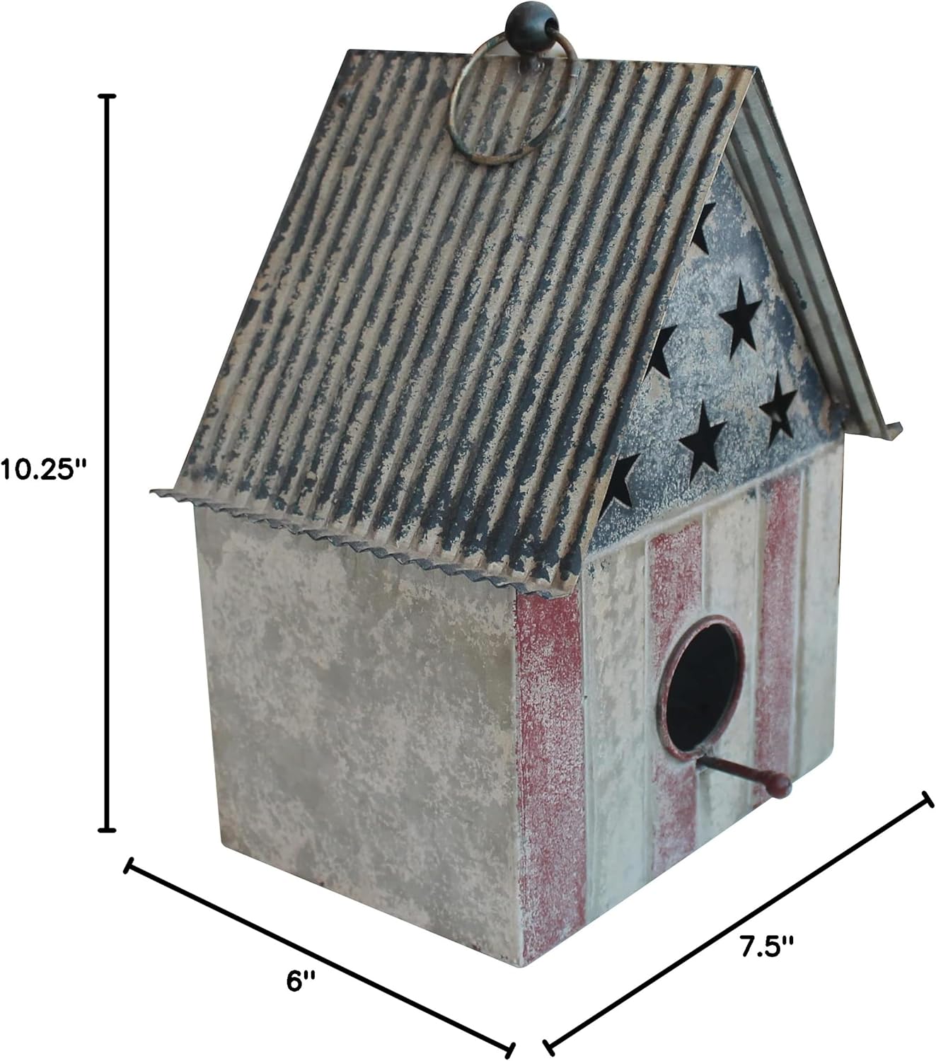 CVHOMEDECO. Rustic Vintage Metal Garden Birdhouse American Flag Design Single Roof Hanging Bird House for Outside