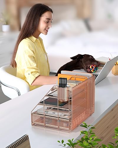 Miniatura 3 de Organizador de escritorio de oro rosa y almacenamiento de accesorios con bandeja de papel de 5 niveles, organizador de escritorio de malla con