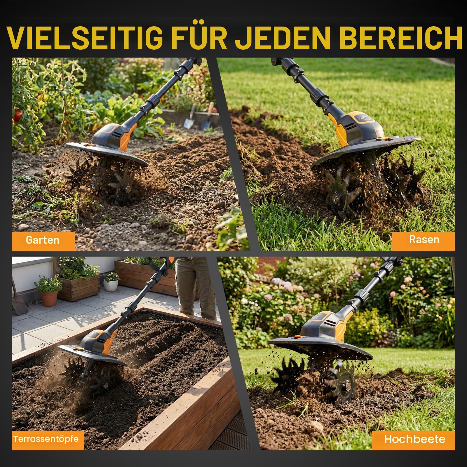 Akku Gartenfräse mit 4,0Ah Akku & Ladegerät – Motorhacke 360 U/min, 23cm Arbeitsbreite, 18cm Arbeitstiefe – kabellose Bodenhacke & Bodenfräse für Rasen, Beet & Garten