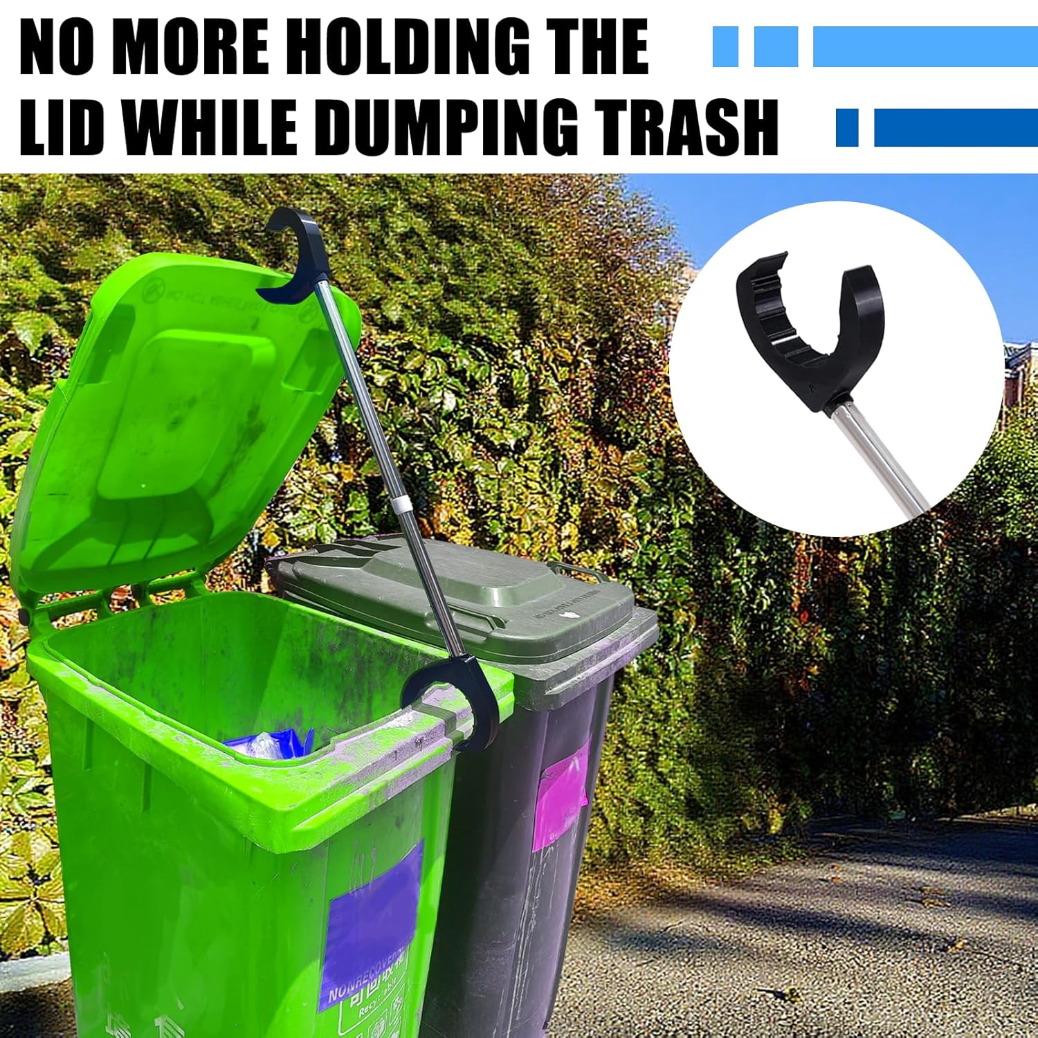 Trash Can Holder Hands-Free Trash Can Lid Support Bar (18"-27") Stainless Steel with PETG Clips – No-Touch Lifter for Home Curbside, Industrial & Wheelchair-Friendly Use (1)