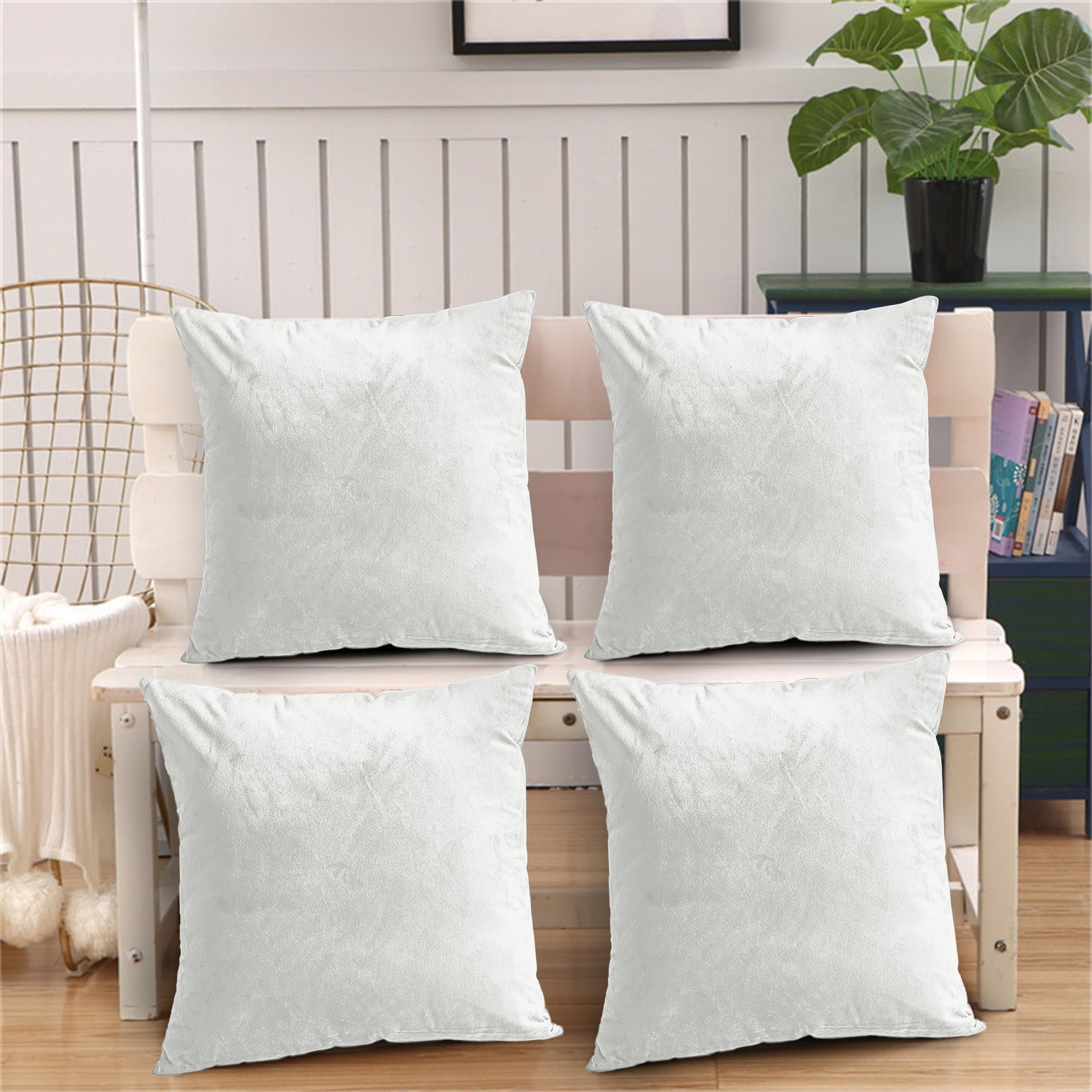 Oxford Homeware White Cushion Covers 45Cm X 45Cm (Pack Of 4) Decorative Velvet Cushions Cover For Living Room Sofa Bedroom With Invisible Zipper, 18'' X 18''