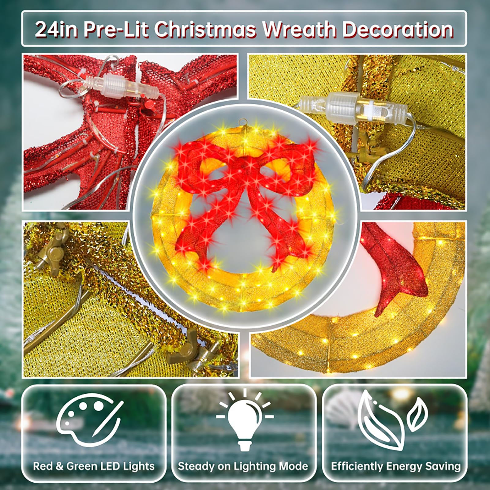 Couronne de Noël extérieure – Couronne de Noël lumineuse à DEL de 61 cm avec nœud, grande couronne de Noël éclairée, lumières de fenêtre pour mur, fenêtres, décoration de porte d'entrée, nœud rouge,