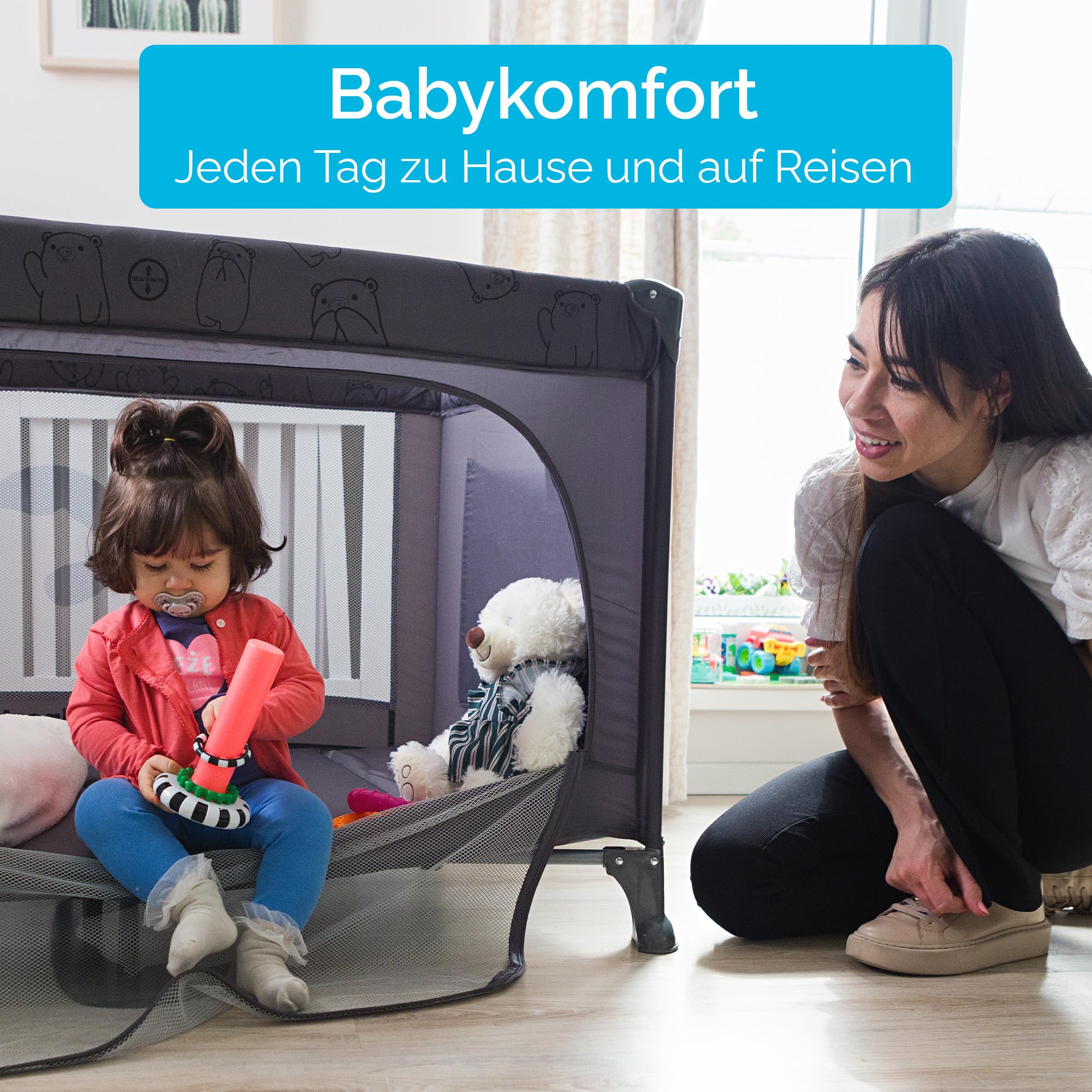 Grotta Reisebett Baby mit Matratze klappbares Babybett Kinderreisebett mit Seiteneinstieg Netzseiten 2 Rollen mit Bremse Tragetasche für Reise und Zuhause Dunkelgrau