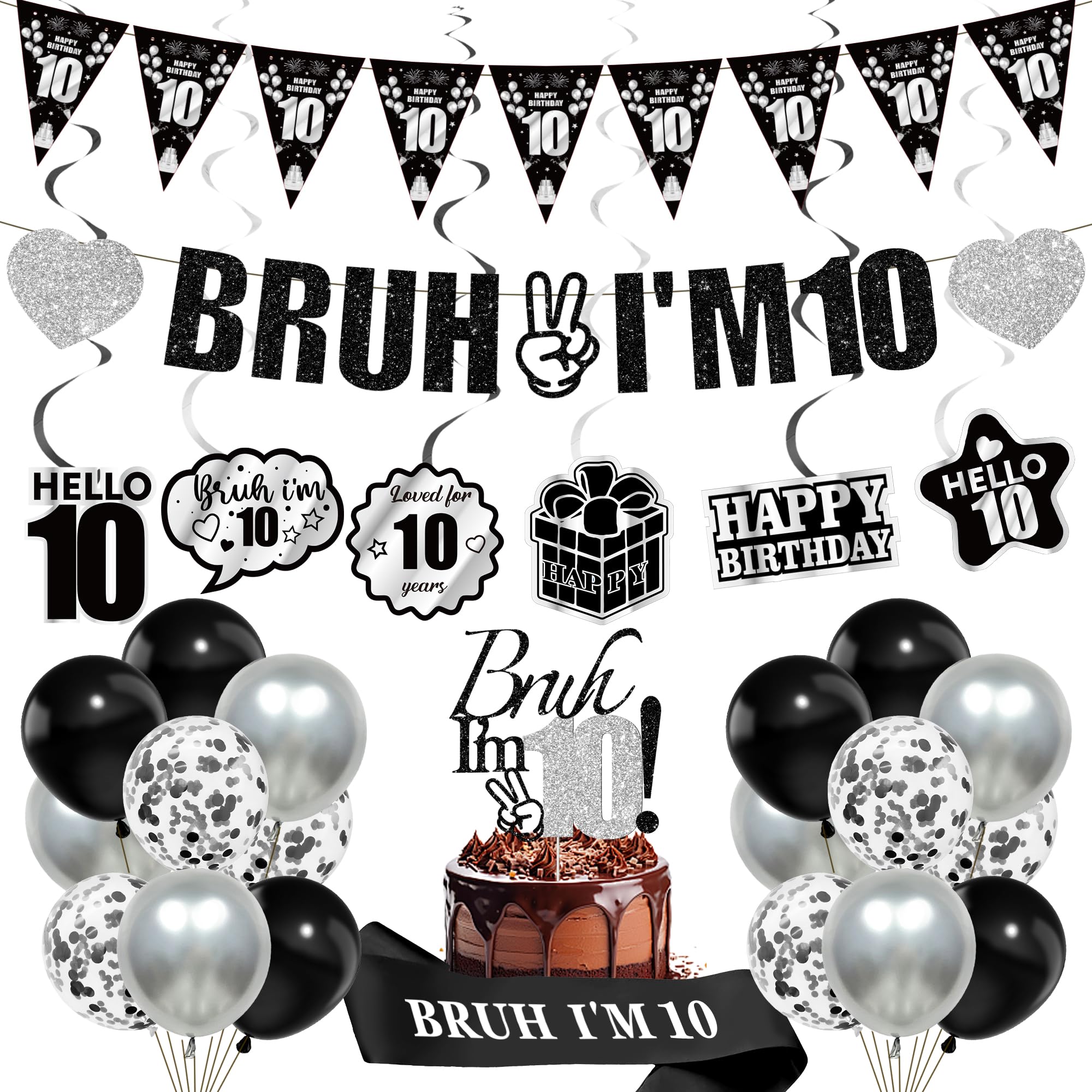10th Birthday Decorations Balloons Boys - 28 Pcs Black Bruh I'M 10 Banner Swirl Hangings Confetti Balloons Sash Cake Topper for Kids Boy 10 Years Old Birthday Party Decor Supplies