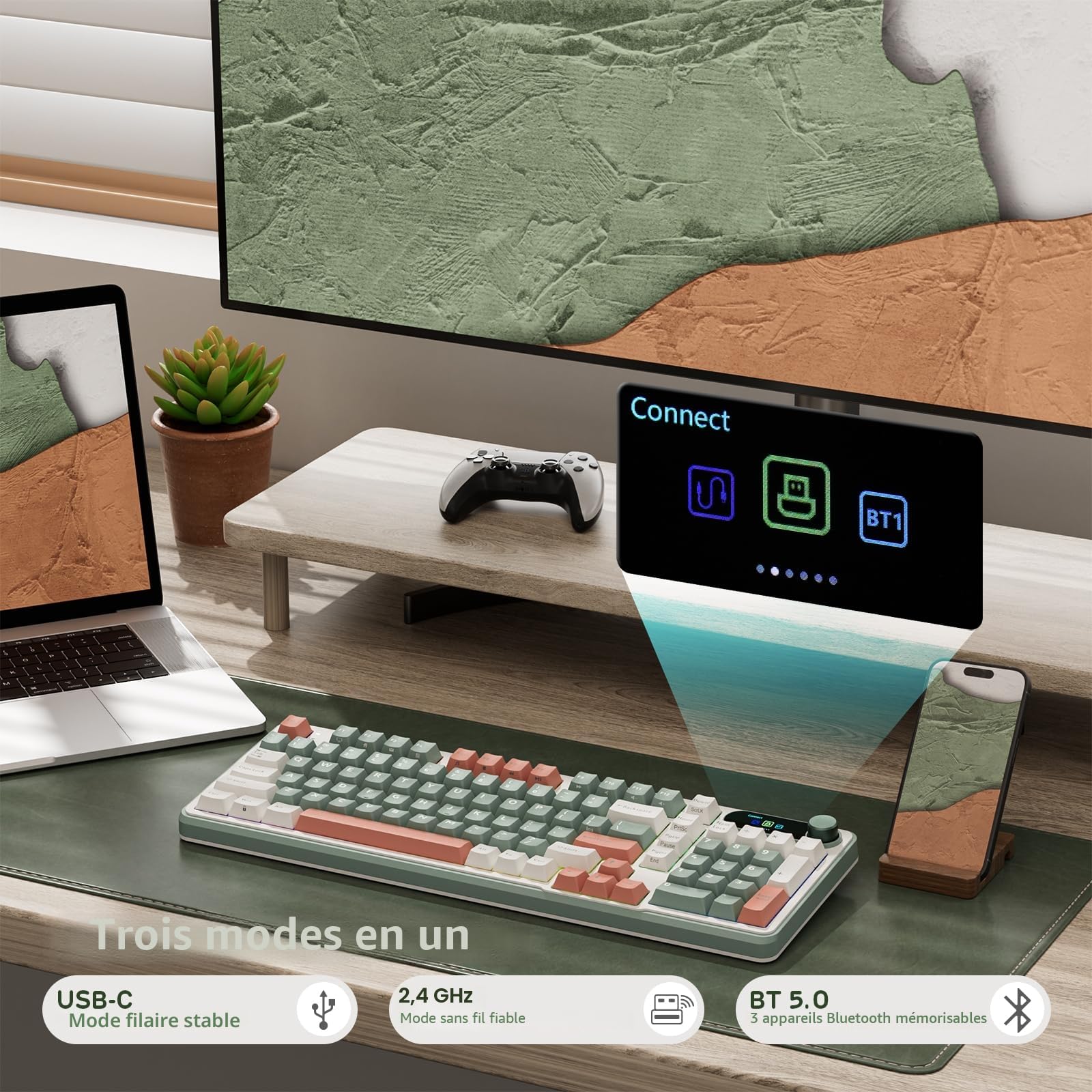 RK ROYAL KLUDGE S98 Clavier mécanique avec Affichage Intelligent et Bouton, Montage supérieur 96% Clavier mécanique sans Fil BT/2.4G/USB-C, échange à Chaud, Support Logiciel
