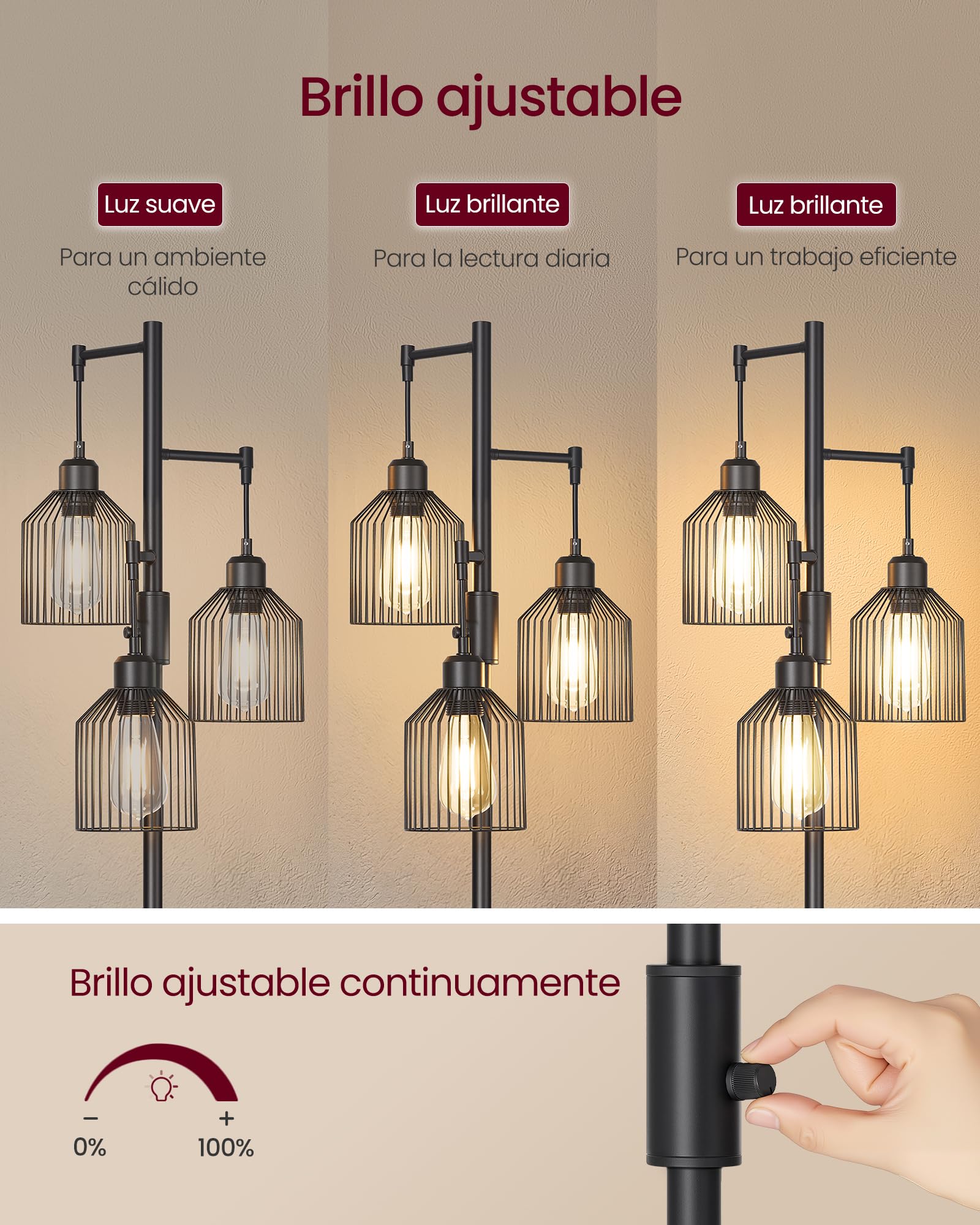VASAGLE Lámpara de Pie, con 3 Bombillas, Brillo Ajustable, Pantalla de Metal, 3 Casquillos E27, Negro Tinta LFL013BD02