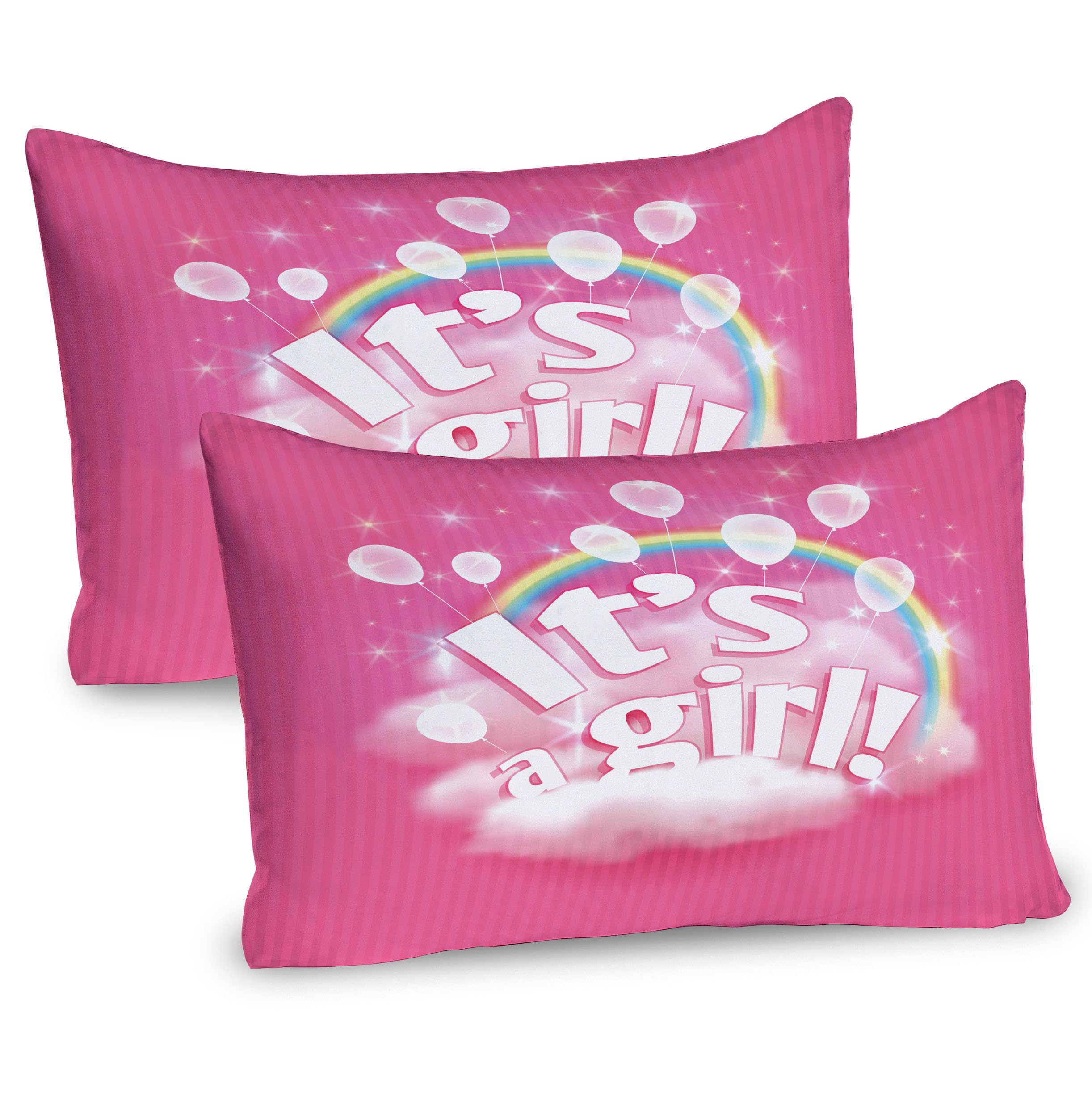 Ambesonne Pink Pillow Sham Set of 2, Blushy Modern Striped Back and Cloudy Rainbow Illustration with Letterings Balloons, Quality Microfiber Bedding Item for All Seasons, 30