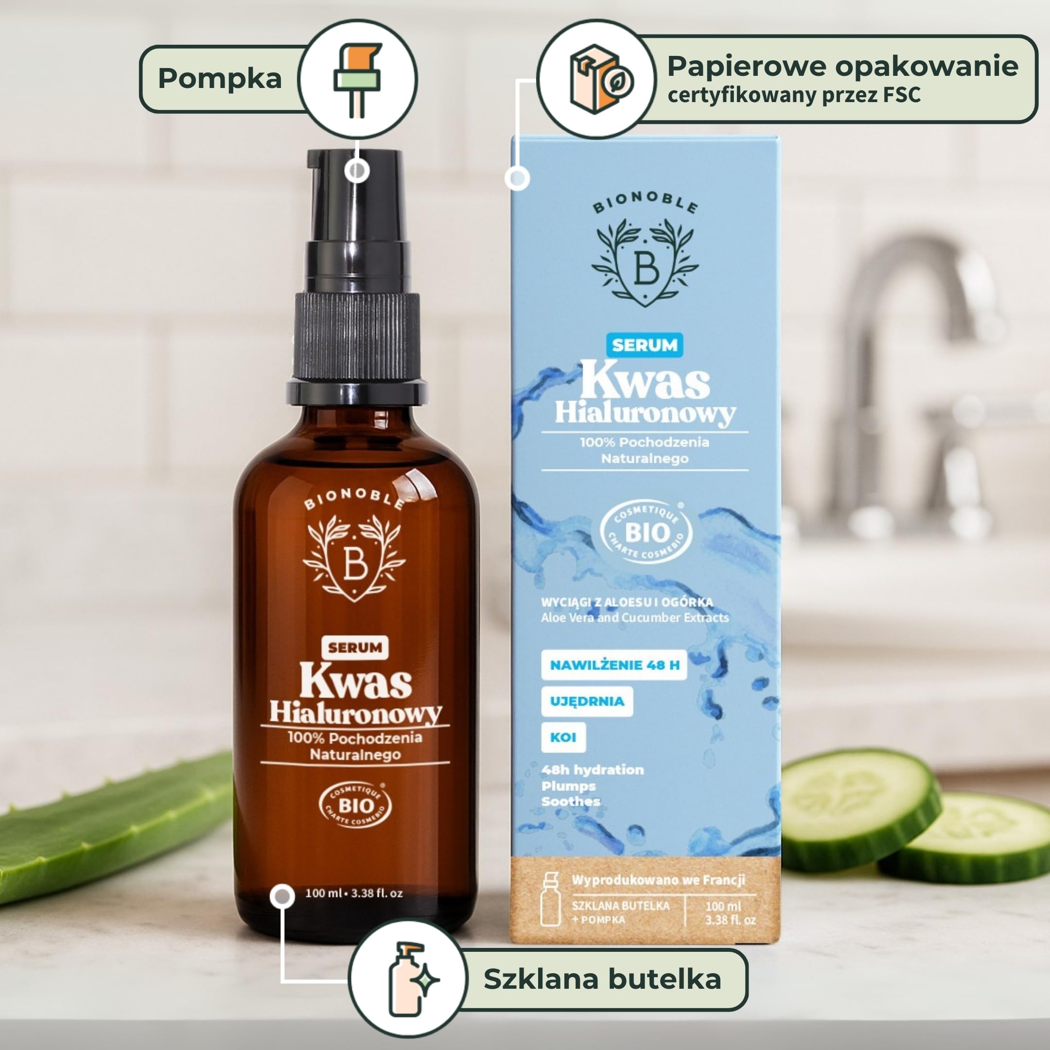 BIONOBLE Serum do Twarzy z Kwasem Hialuronowym Certyfikowane Bio - Nawilżająca Pielęgnacja Przeciwstarzeniowa z Aloesem - Szklana Butelka z Pompka - Wyprodukowano we Francji - 100ml