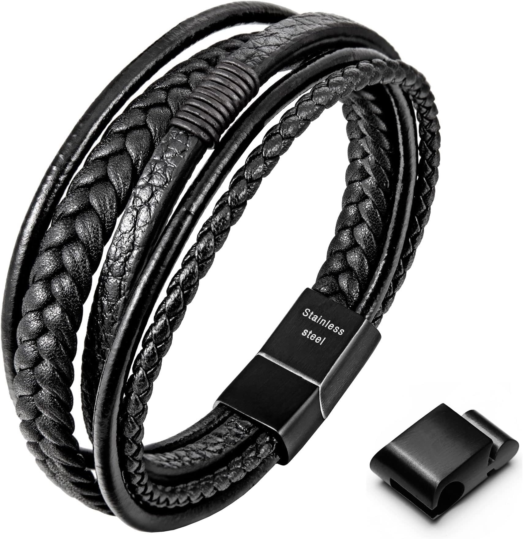 Speroto Mens Bracelet, Adjustable Mens Leather Bracelet with Stainless Steel Magnetic Clasp, Multi-Layer Braided Genuine Leather Bracelet for Men and Women