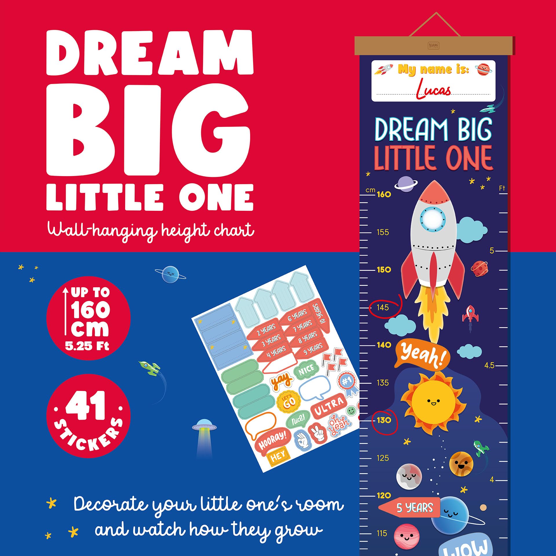 Legami - Mètre mural Dream Big Little One, mètre à suspendre pour mesurer la hauteur des enfants, jusqu'à 160 cm, 41 autocollants inclus, avec lattes en bois, thème espace, Bleu