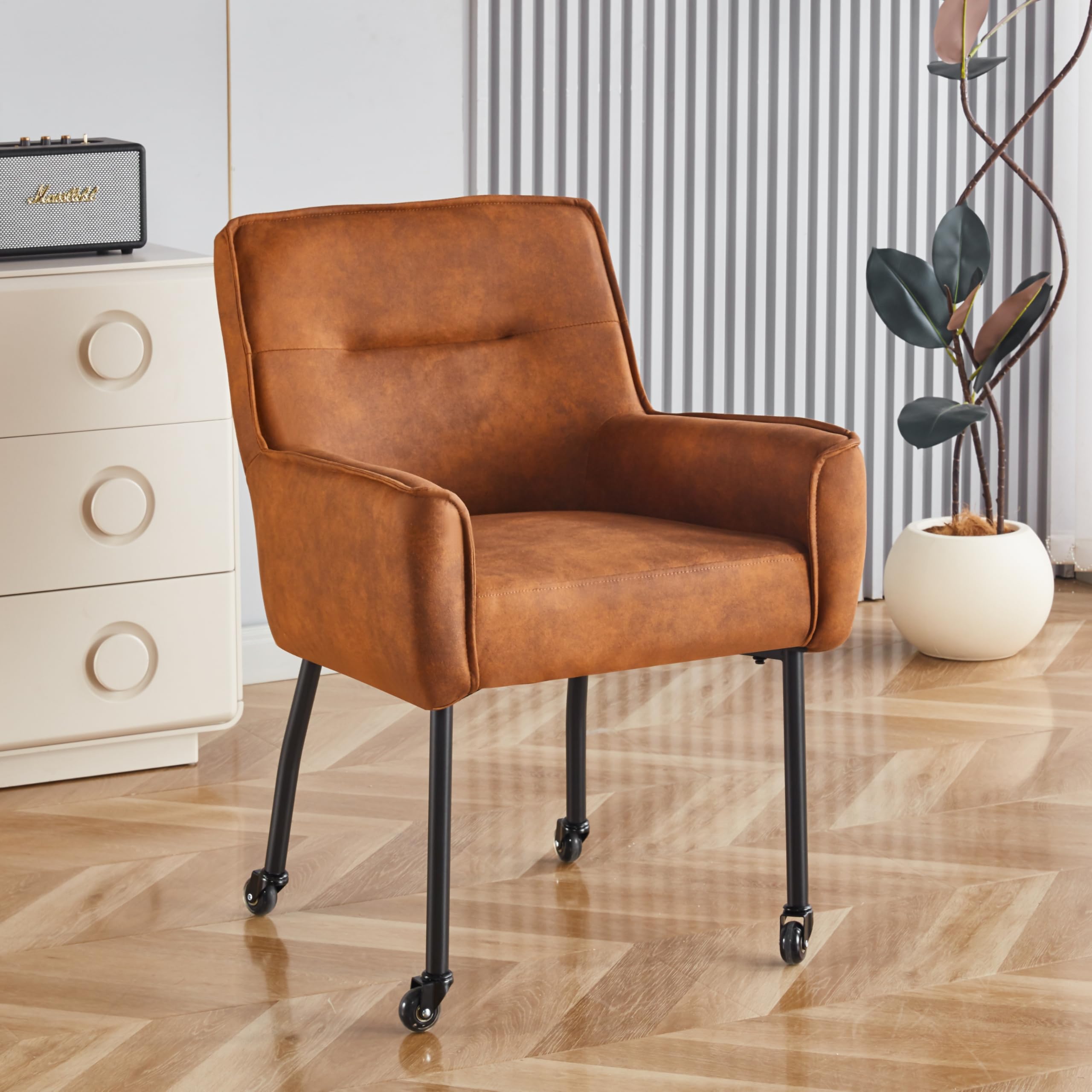 stone princess Dining Chairs with Casters, Upholstered Arm Accent Living Room Chair, Kitchen Dining Room Chairs with High Back Suede Comfy Chairs for