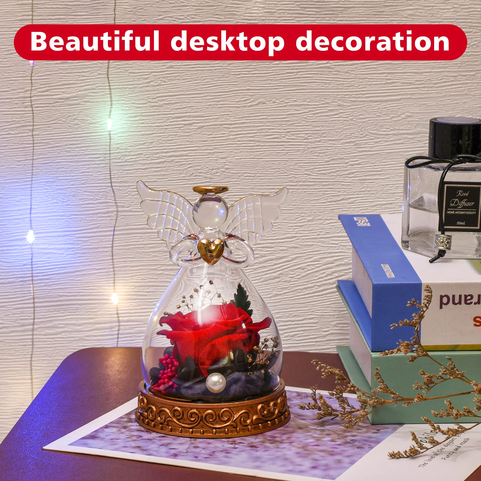 Angelo regalo per donne, mamma, nonna, vera rosa conservata in vetro, angelo con luce LED, regalo di rosa per festa della mamma, Natale, compleanno, San Valentino (rosso)