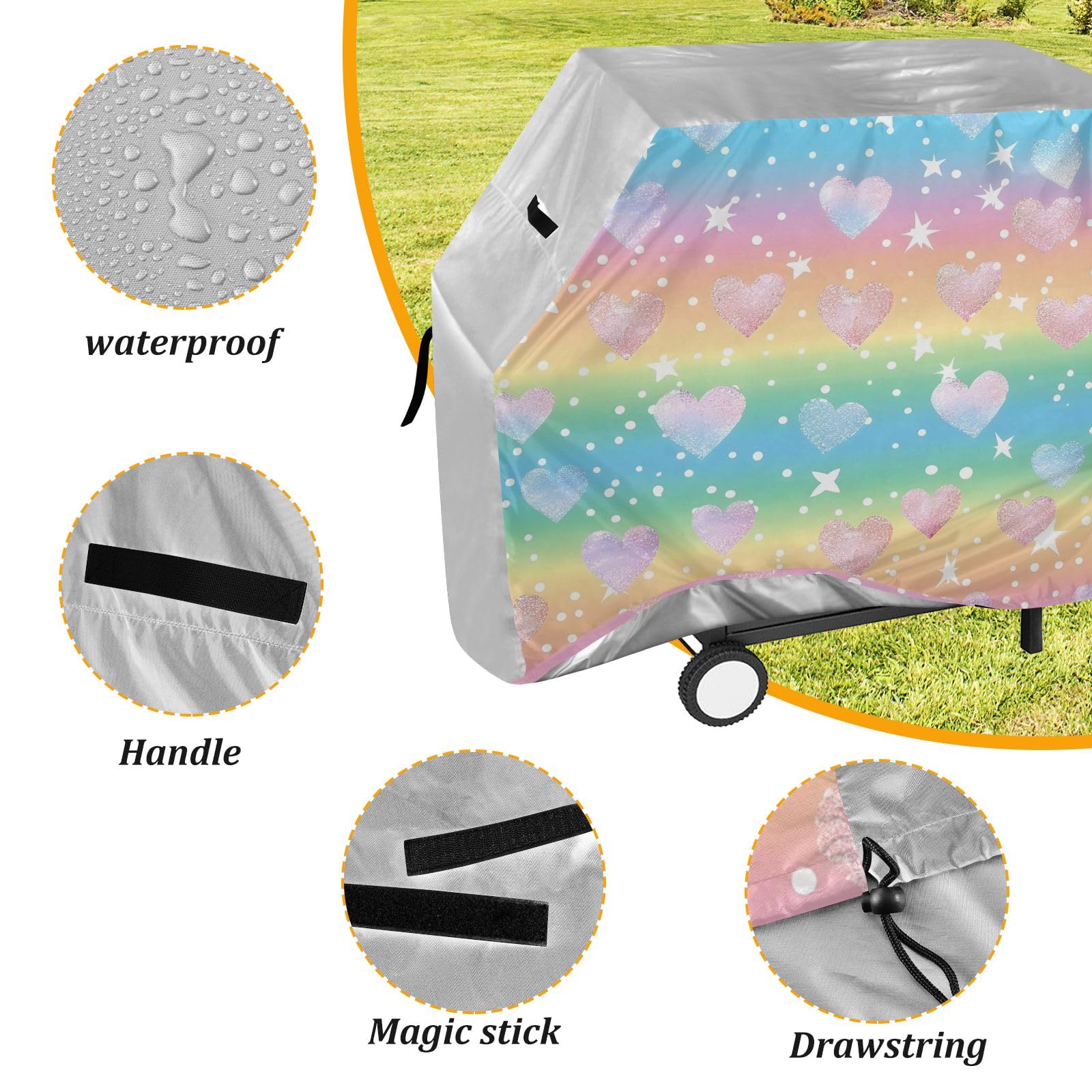 Copertura per barbecue a forma di cuore arcobaleno pastello impermeabile resistente per barbecue all'aperto