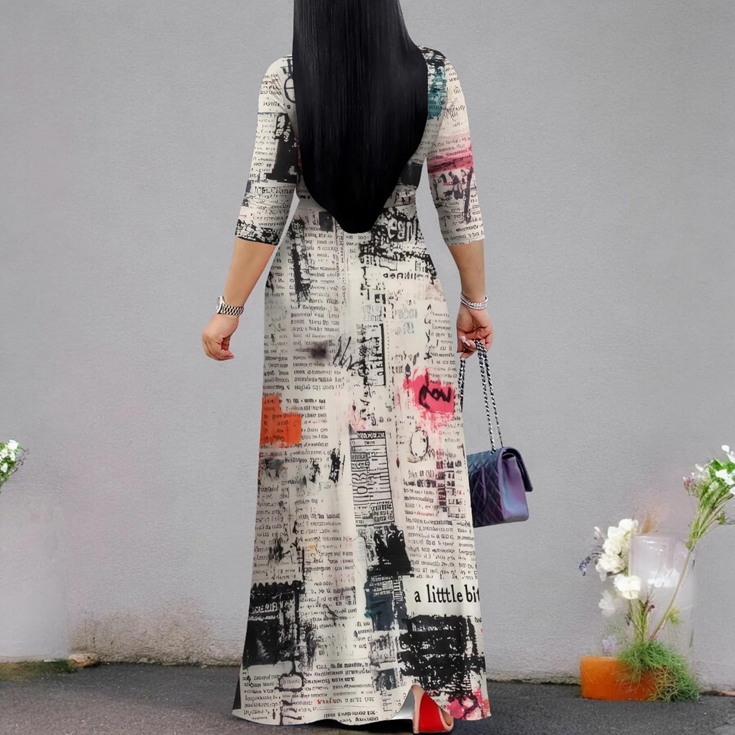 PinkPatty Women's Print Maxi Dresses 3/4 Sleeve Flowy Long Dress V Neck Wrap Tie Waist Sundress - Image 6