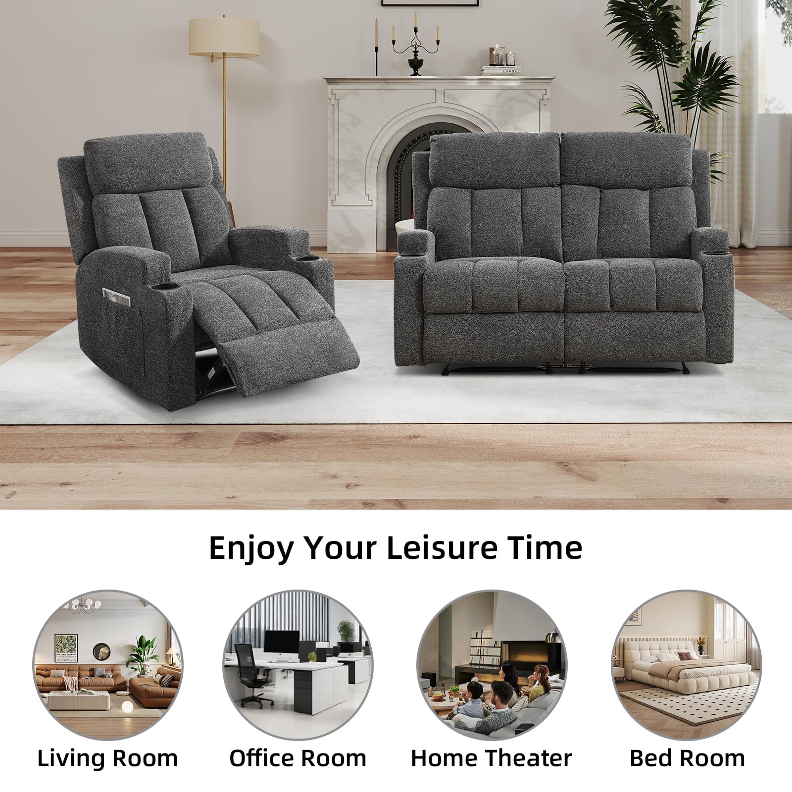 CANMOV Manual Recliner Sofa Set, Fabric Recliner Living Room Furniture Sets, 1 Seat Reclining Chair and a Loveseat Furniture Set with Side Pockets and Cup Holders, Dark Grey view 8
