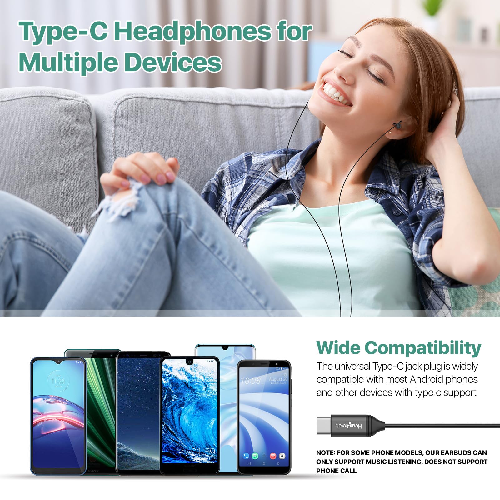 Hearprotek 2 pares de auriculares para dormir, auriculares tipo C con micrófono, de silicona, reducción de ruido, auriculares para dormir, ronquidos, relajación