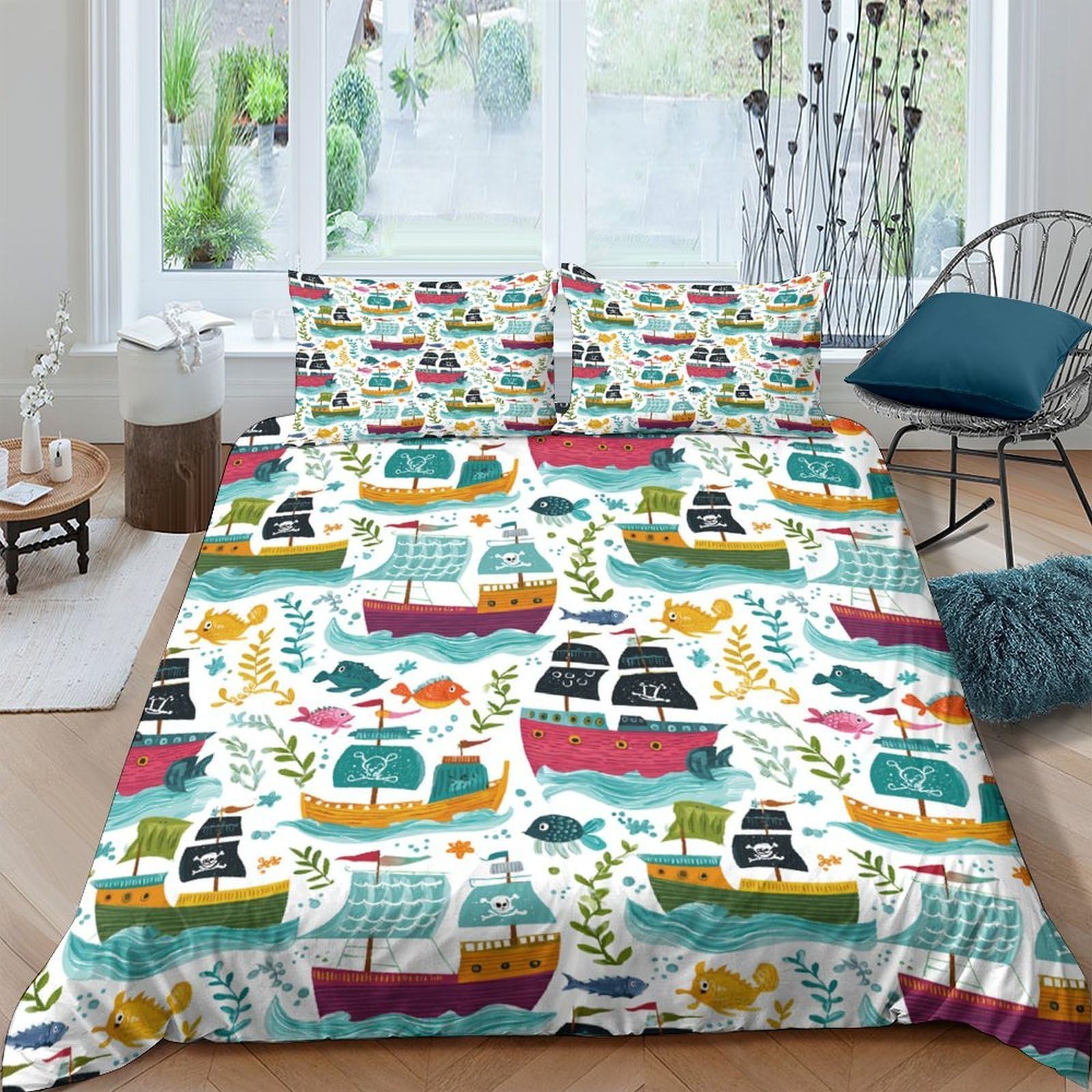 Ctjqhvkz Style-2 3D Printed Colorful Boat Fitted Sheet Microfiber Soft Abstract Ocean Mattress Cover For Bedroom Dorm Decor Single（135X200cm）