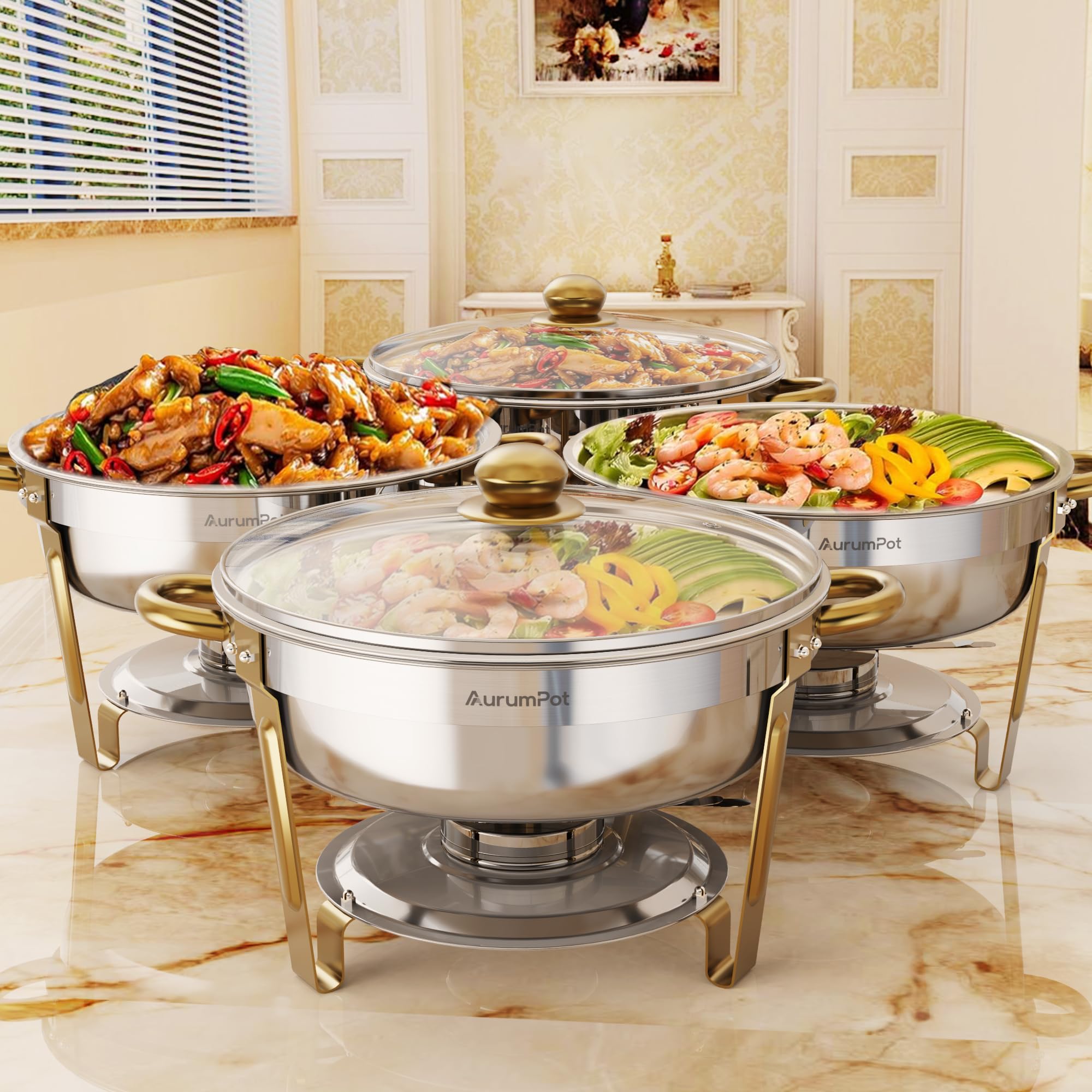 Chafing Dishes for Buffet 4 Pack, 6QT Food Warmers for Parties Buffet, Christmas Gatherings [Visible Glass Cover] Stainless Steel Round Chafing Dish Buffet Set,Buffet Servers and Warmers