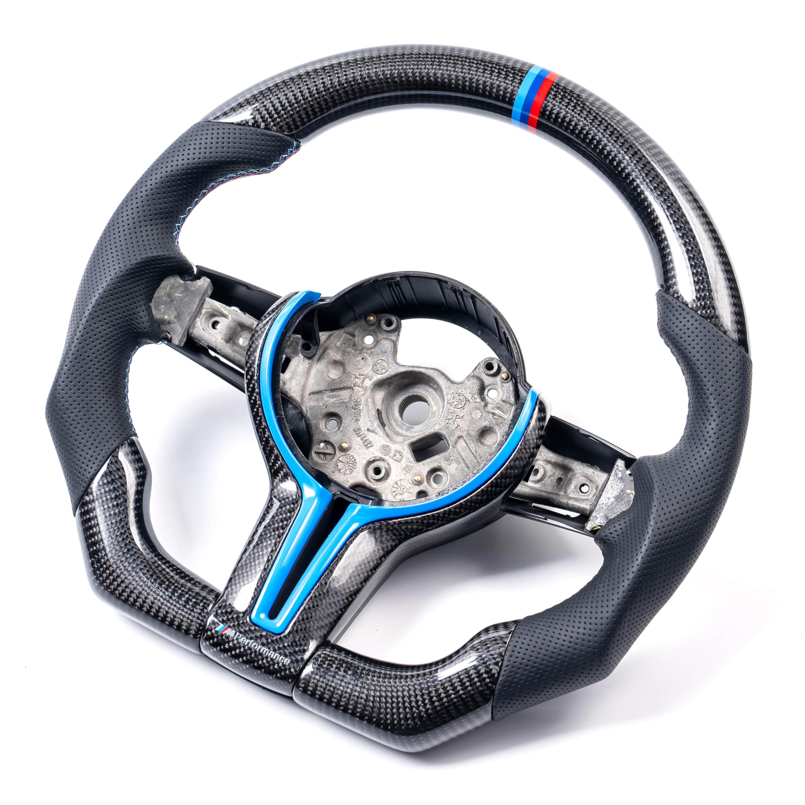 iCarPro Real Carbon Fiber Perforated Nappa Leather D-Type Racing Design Sport Steering Wheel for BMW F30 F20 F21 F25 F15 M2 M3 M4 F80 F82 F87 (Blue/Carbon Fiber Frame, F80 F30 F20)