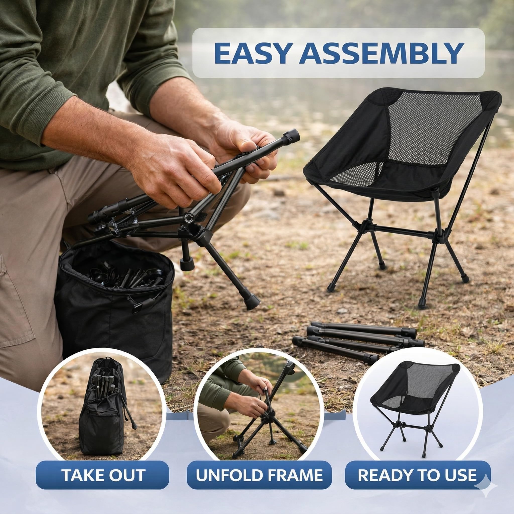 Sedia Pieghevole Lunare, Campeggio e Outdoor, Portatile, Tessuto Oxford, Acciaio Inossidabile, Nero, 55x62x30 cm | PACKSEAT