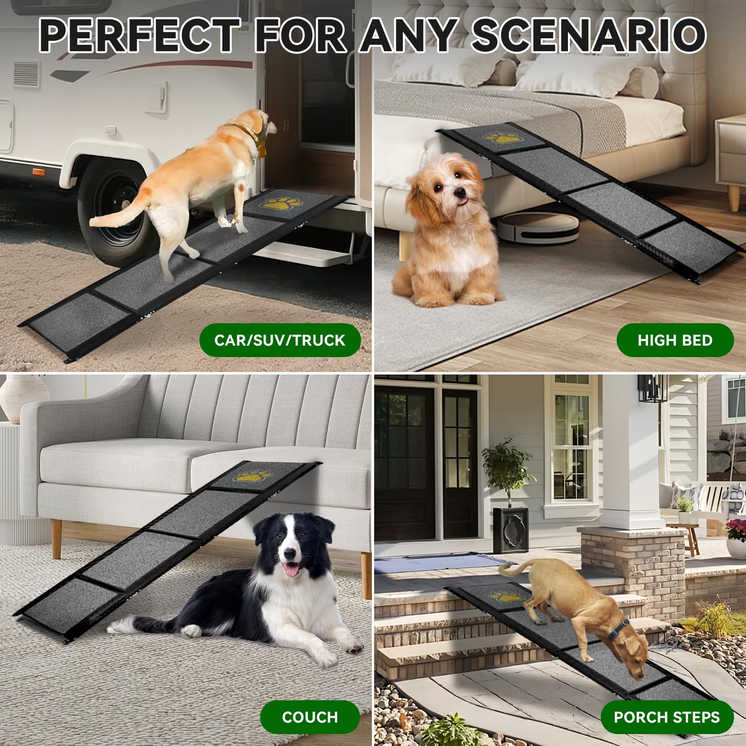 Rampa per Cani Auto Pieghevole 170 x 50 cm Grigio, con Superficie in Moquette Antiscivolo, Fino a 70 kg, Leggera in Alluminio per Animali Domestici, per Auto, Camion, SUV e Scale Esterne