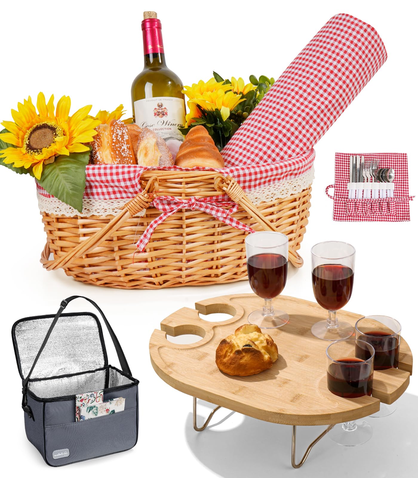 Wicker Family Picnic Basket for 4 with Table Blanket Cooler Bag Cups