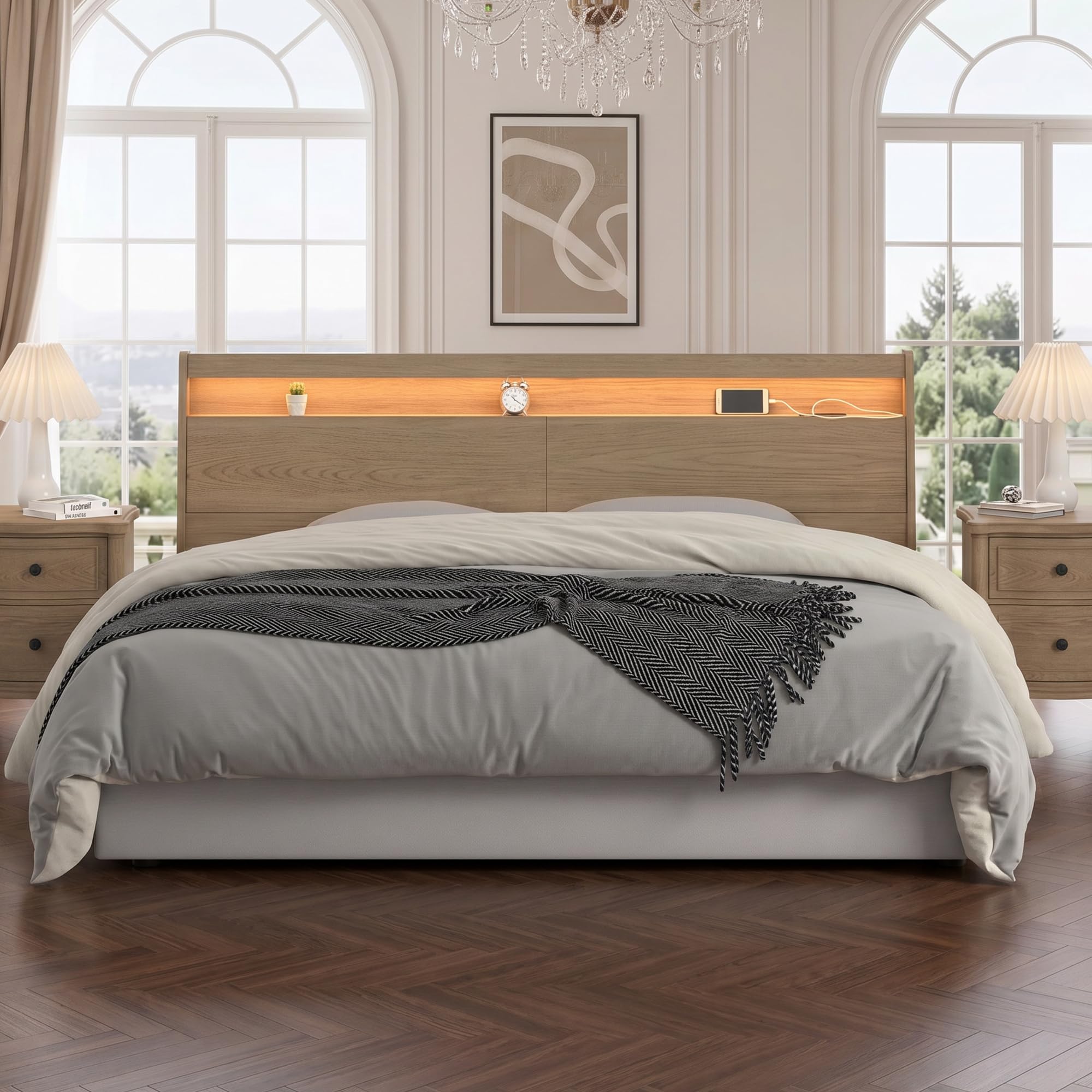 Photo 1 of Wooden Headboard with Storage, USB Ports RGB Wall Mount (OAK, King)X0051PL05J
