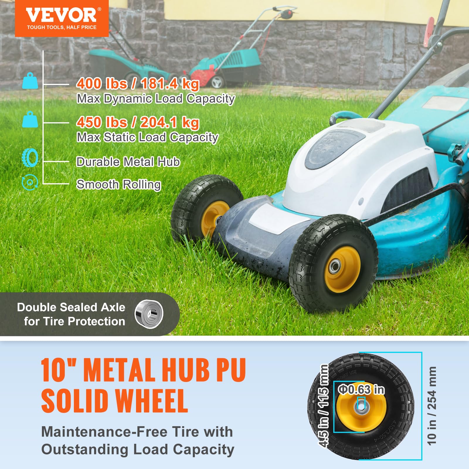 VEVOR Roue à pneu à plat PU solide, 254 mm, lot de 2, charge dynamique 181,4 kg, charge statique 204,1 kg, pneus roues sans chambre à air pour diable, chariot utilitaire, chariots, remorques de jardin