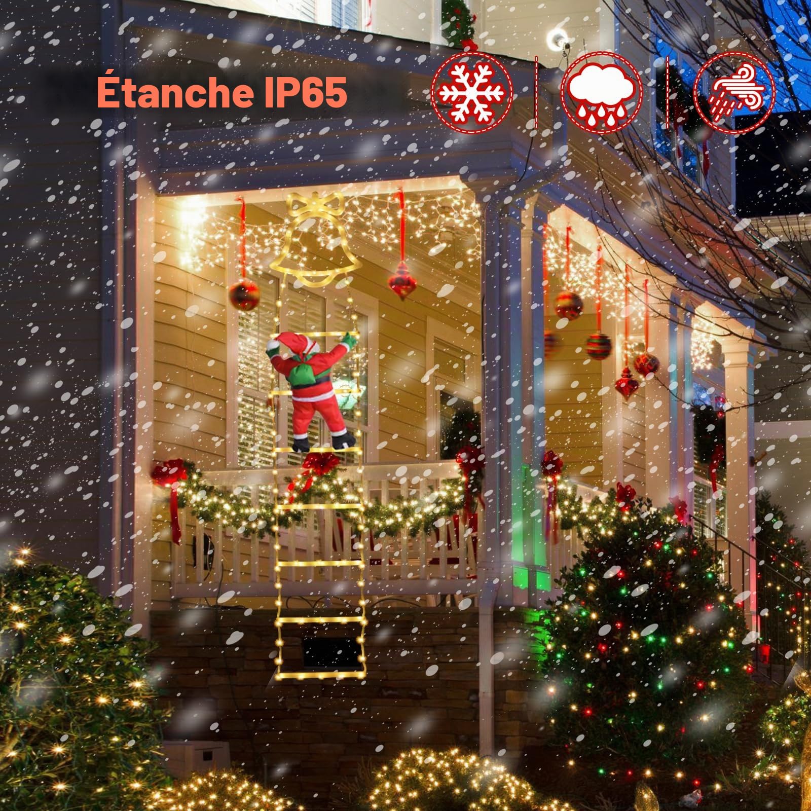 SelfTek Échelle décorative de Noël avec Père Noël grimpant - Décorations de Noël à DEL avec 8 modes d'éclairage pour intérieur, extérieur, jardin (160 cm, blanc chaud)
