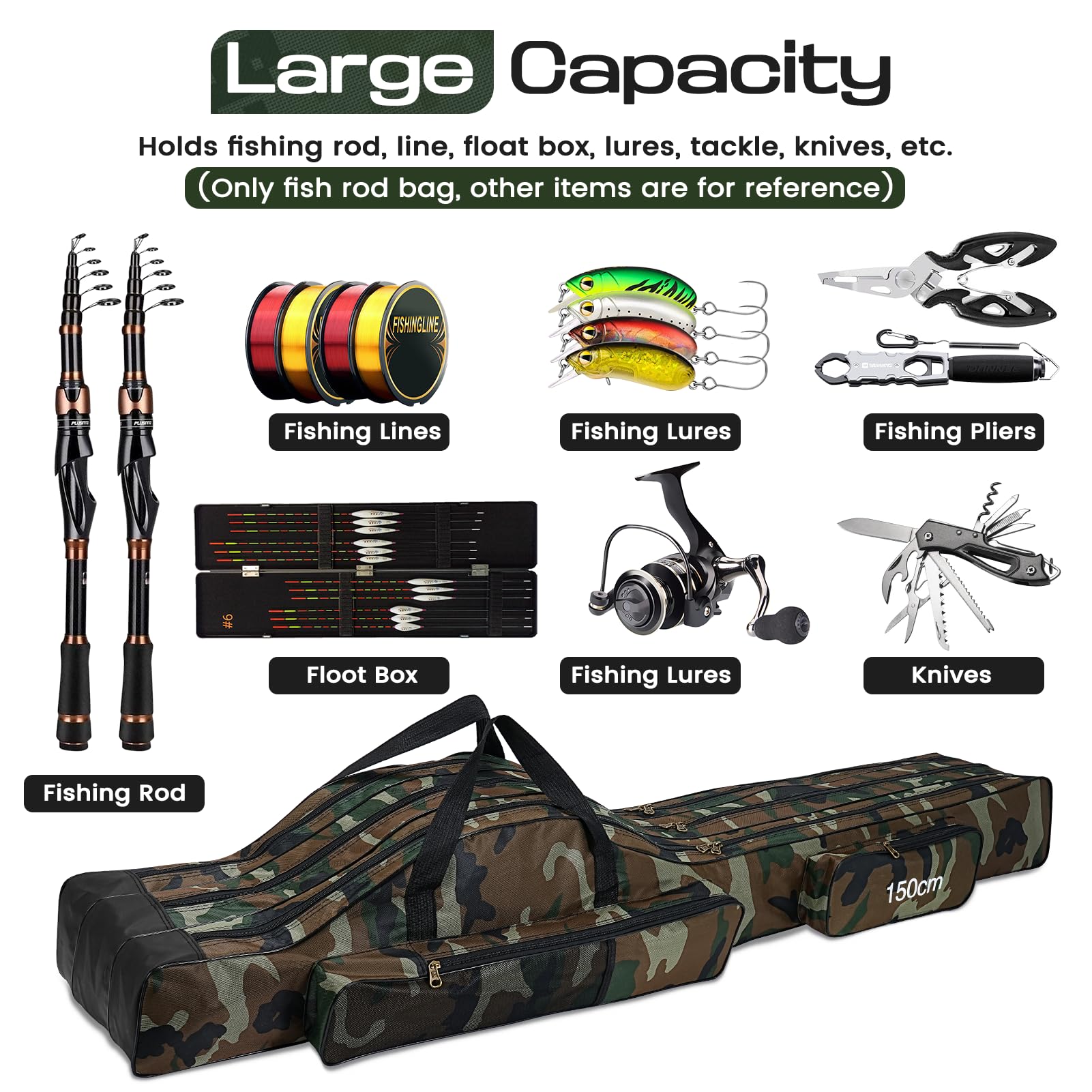 Lomffy Borsa da Pesca Portatile, 150cm Pieghevole Sacca Canna e Attrezzi con 3 Strati Grande capacità Borsa da Pesca Portatile per Canna Impermeabile Custodia per Canna da Pesca - 4