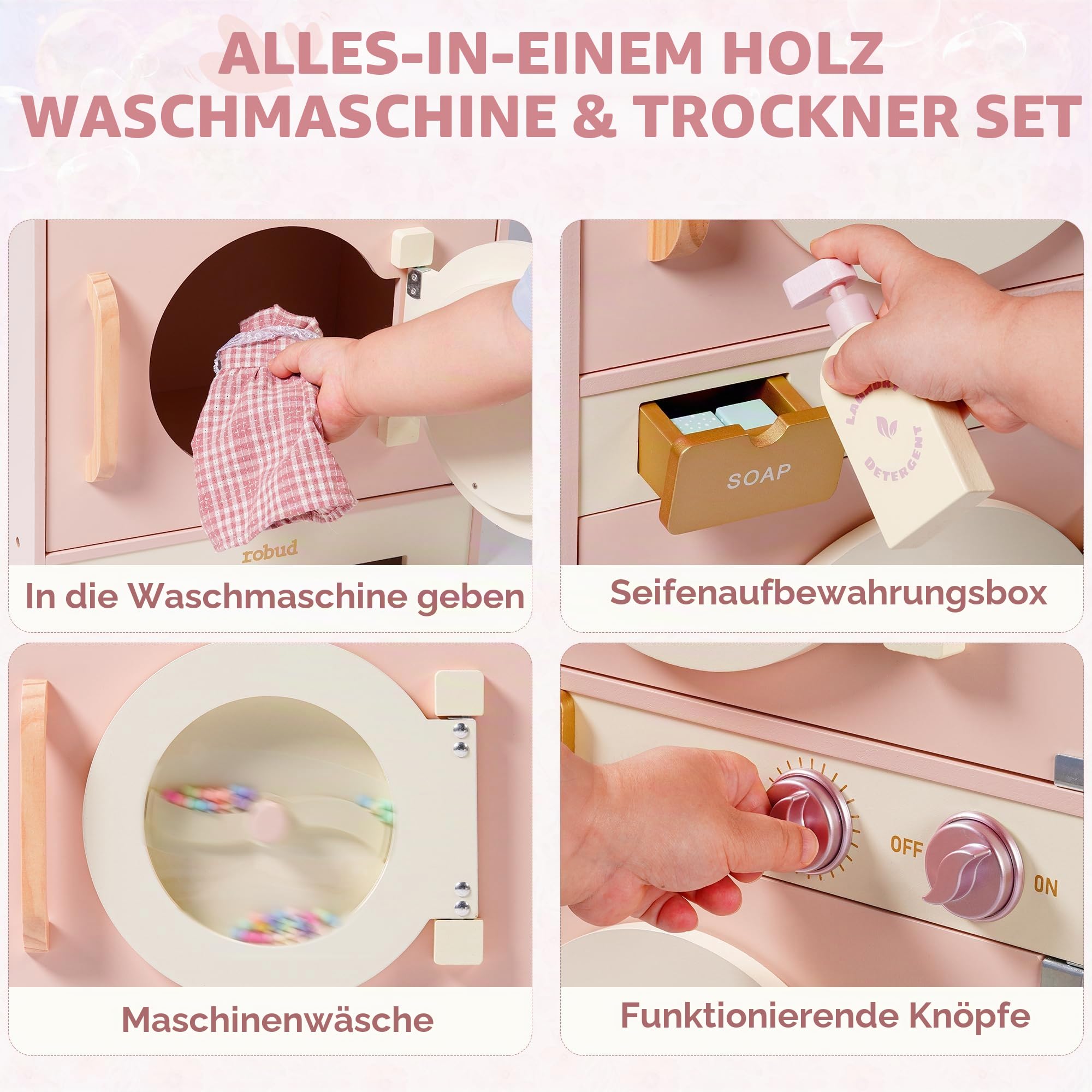 ROBUD Kinder Waschmaschine Set aus Holz: Spielküche Spielzeug, 2-in-1 Spielwaschmaschine Trockner Set, Rollenspiel Küchenspielzeug mit Bügeleisen, Kleiderbügel, Seife, Geschenk für Kinder ab 3 Jahren