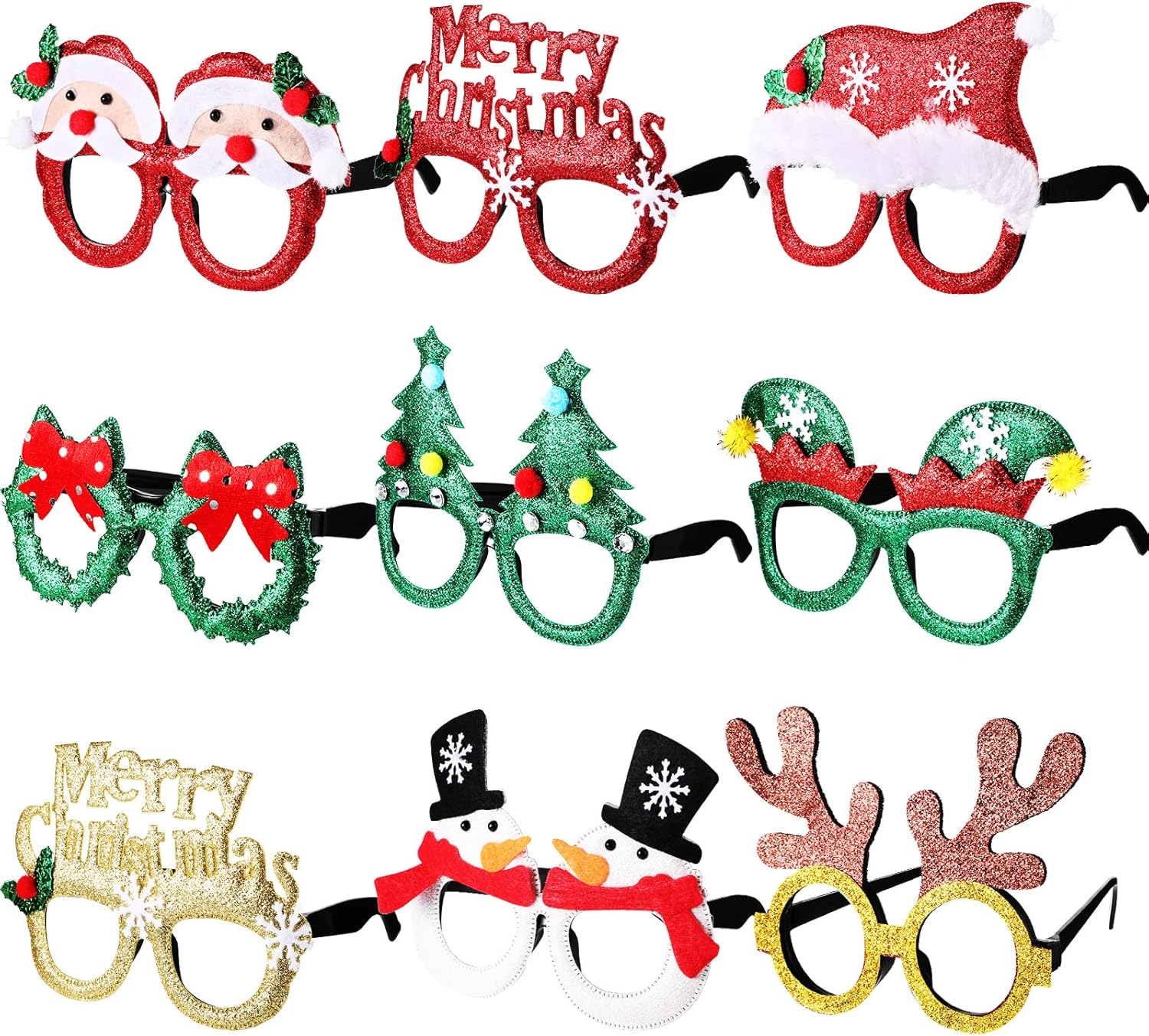9 Paquetes Marcos de Gafas de Navidad Gafas de Fiesta con Purpurina Regalo de Anteojos de Novedad para Traje de Navidad para Niños Adultos Favor de Fiesta Cabina de Fotos