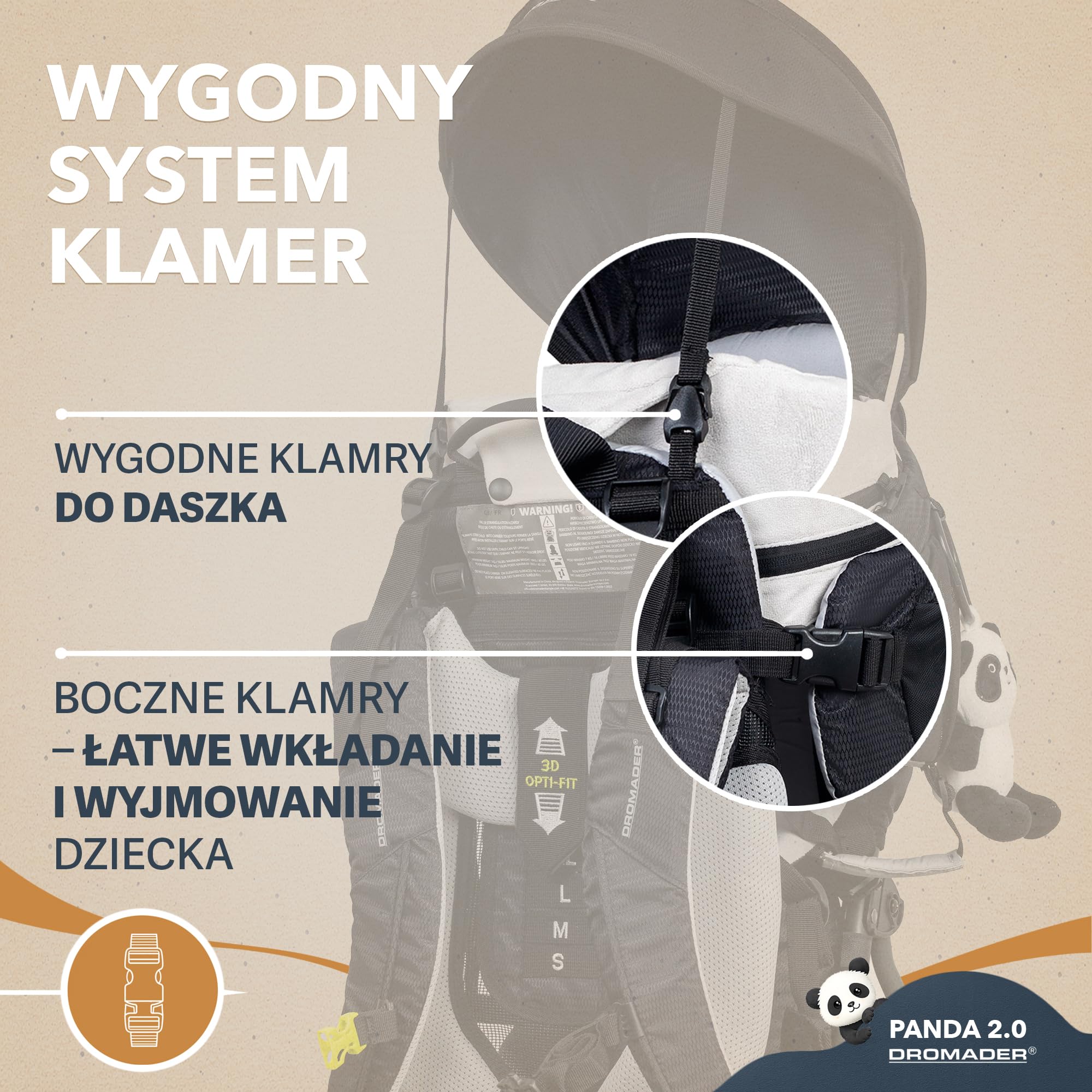 Dromader Nosidełko Turystyczne dla dzieci do 18kg - Regulowane Siedzisko z Poduszką do Spania - Chowany Daszek Przeciwsłoneczny - System Nośny Odciążający Kręgosłup - Kieszeń Termiczna – Panda Black