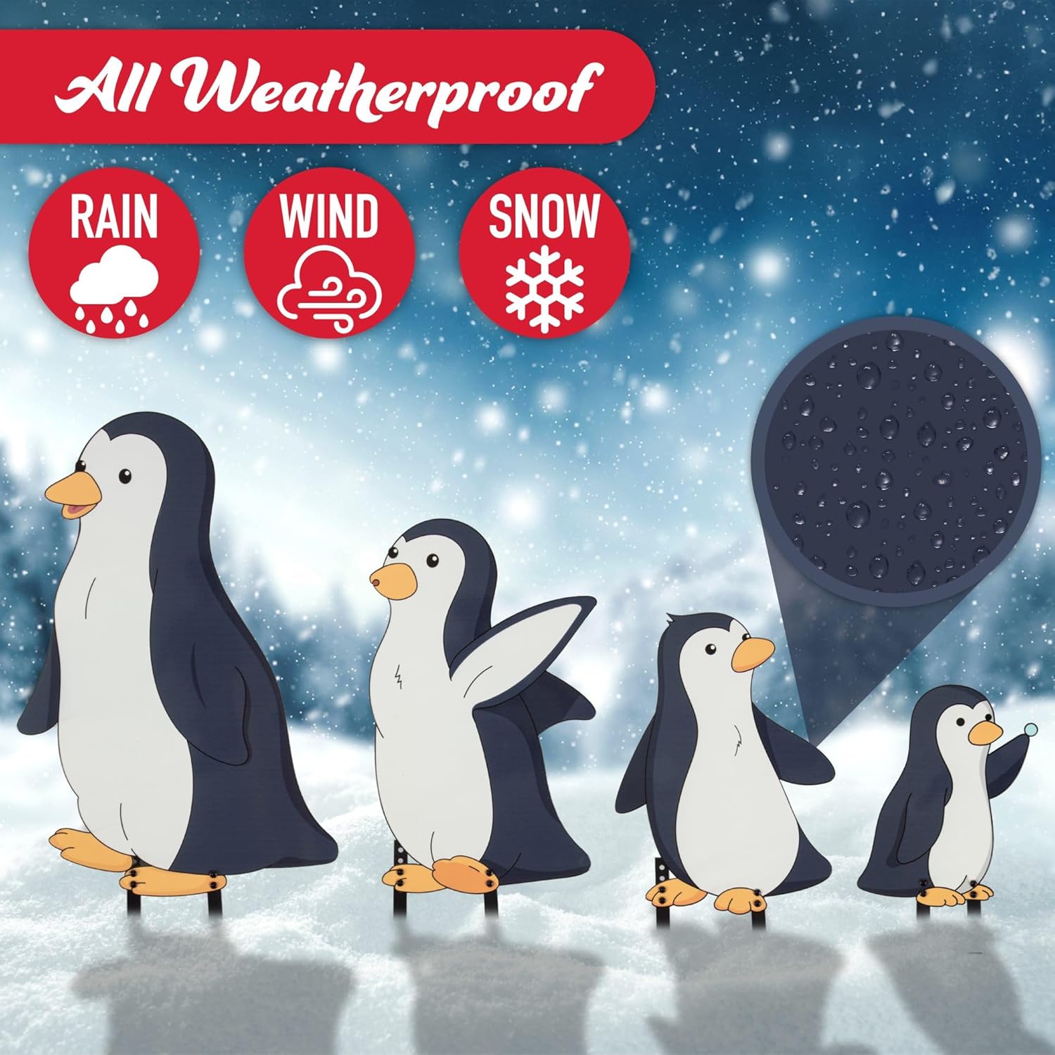 Penguin Winter Metal Yard Signs- Set of 4 Different Designs- Large 16" Durable Outdoor Xmas Lawn Decorations w Metal Stakes for Easy Set Up- Make an Impact to Your Holiday Light and Garden Display
