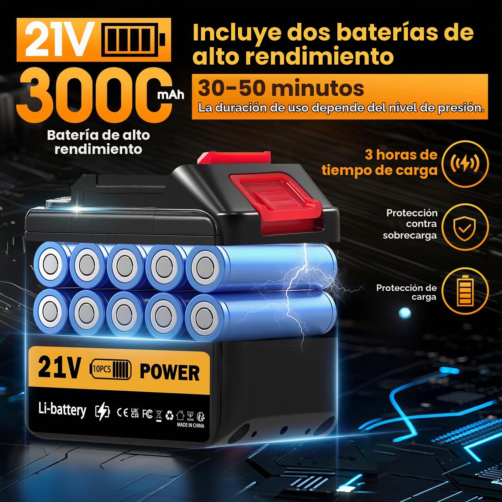 Hidrolimpiadora de Bateria, 21V Hidrolimpiadora de Alta Presión Portátil, 130Bar Pistola Agua Presion Bateria, con Boquilla Multifunción para y 2 Baterías de 3000mAh Adecuado para Varios Coches/Jard