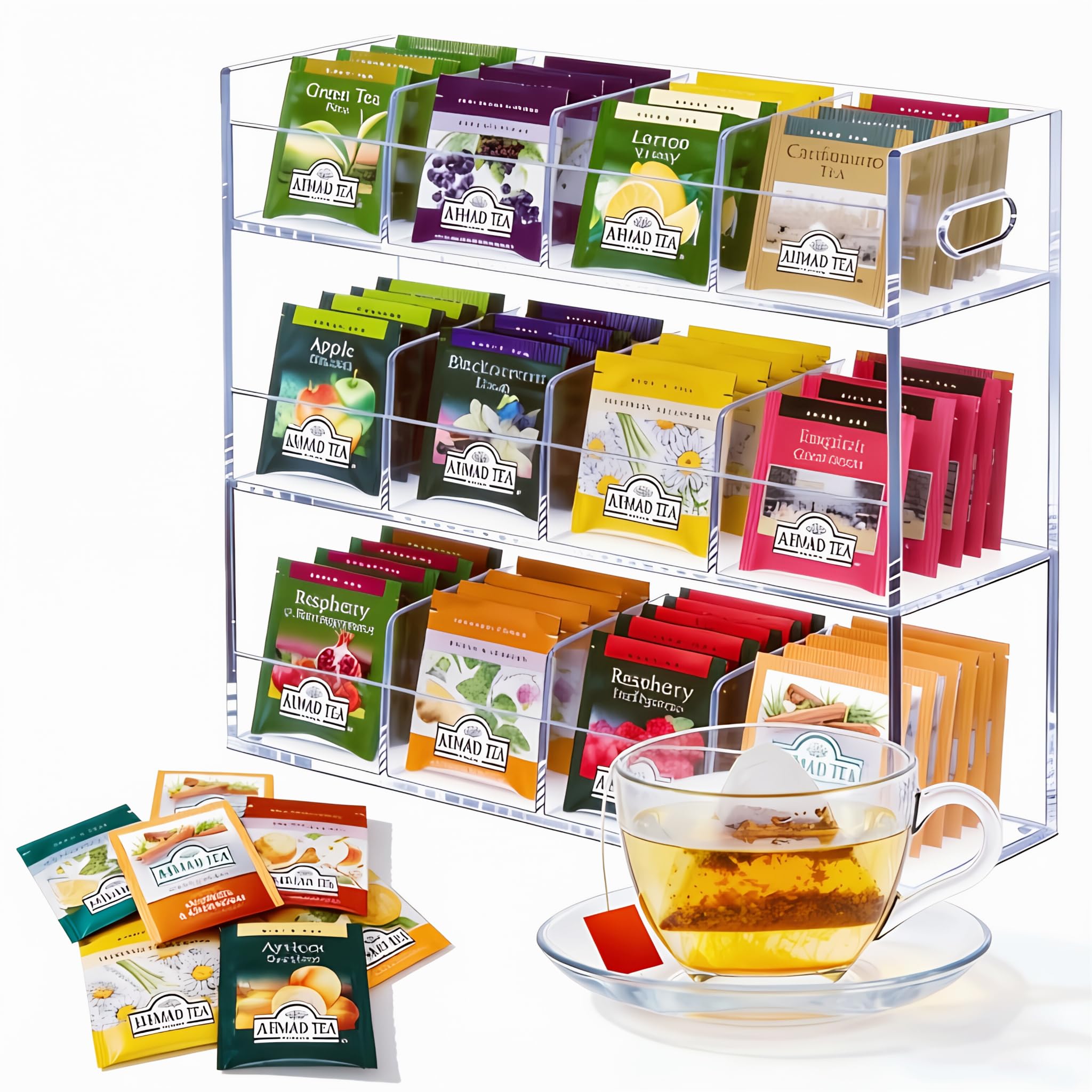 Teebeutel Aufbewahrung Organizer aus Acryl, 3-Stufiger, mit Fächern | Tee Organizer Küche für Vorratskammer, Durchsichtig Teeboxen für Teebeutel, Teebeutelhalter für Arbeitsplatten