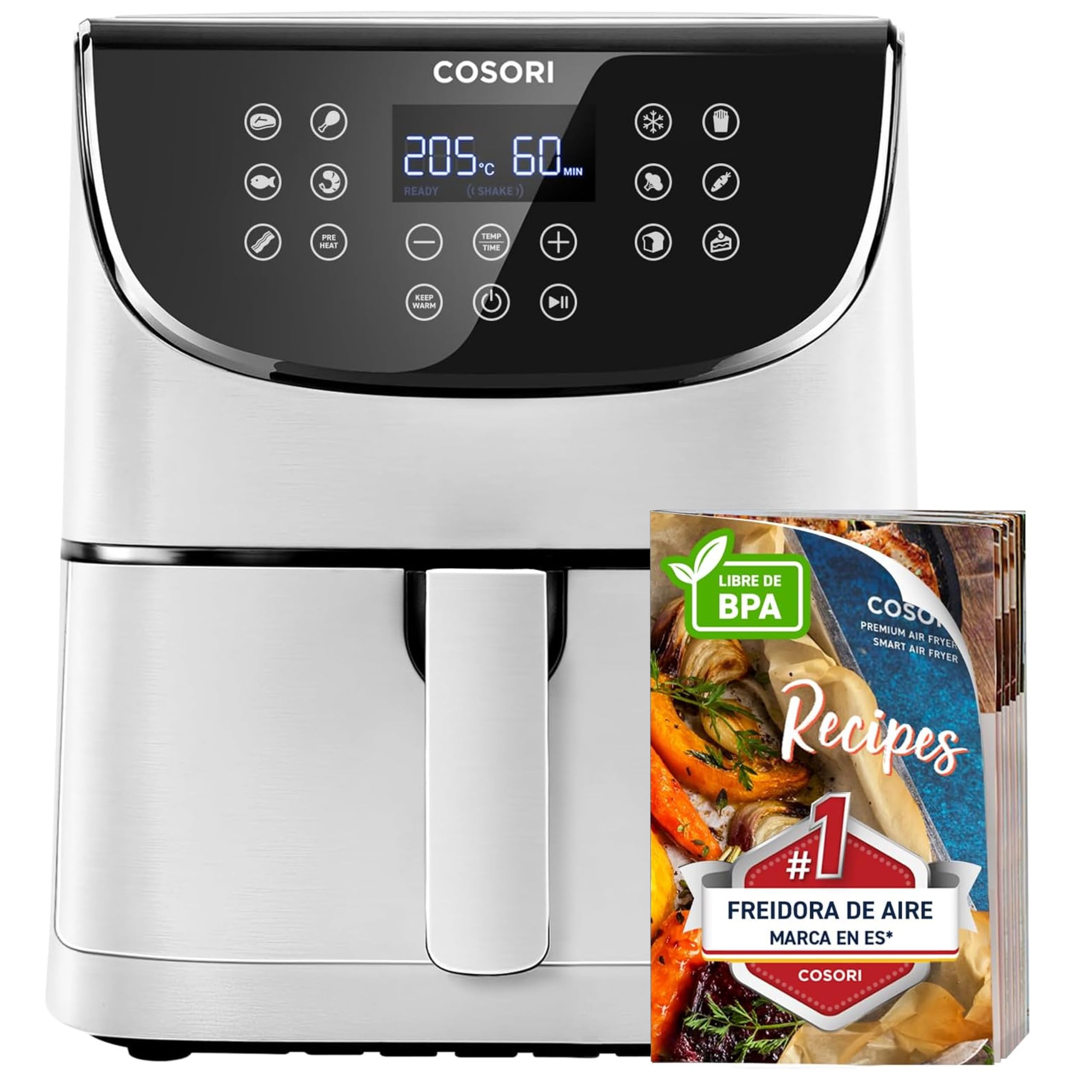 Cosori Freidora de Aire Duradera 5,7L Air Fryer 1700W, Tecnología Rapid, 67,5% Menos Energía, 13 Automáticos Modos, Uso Fácil, LED Panel Táctil, Acero Inox Interior, Hasta 205 C y 60 Min, Blanca