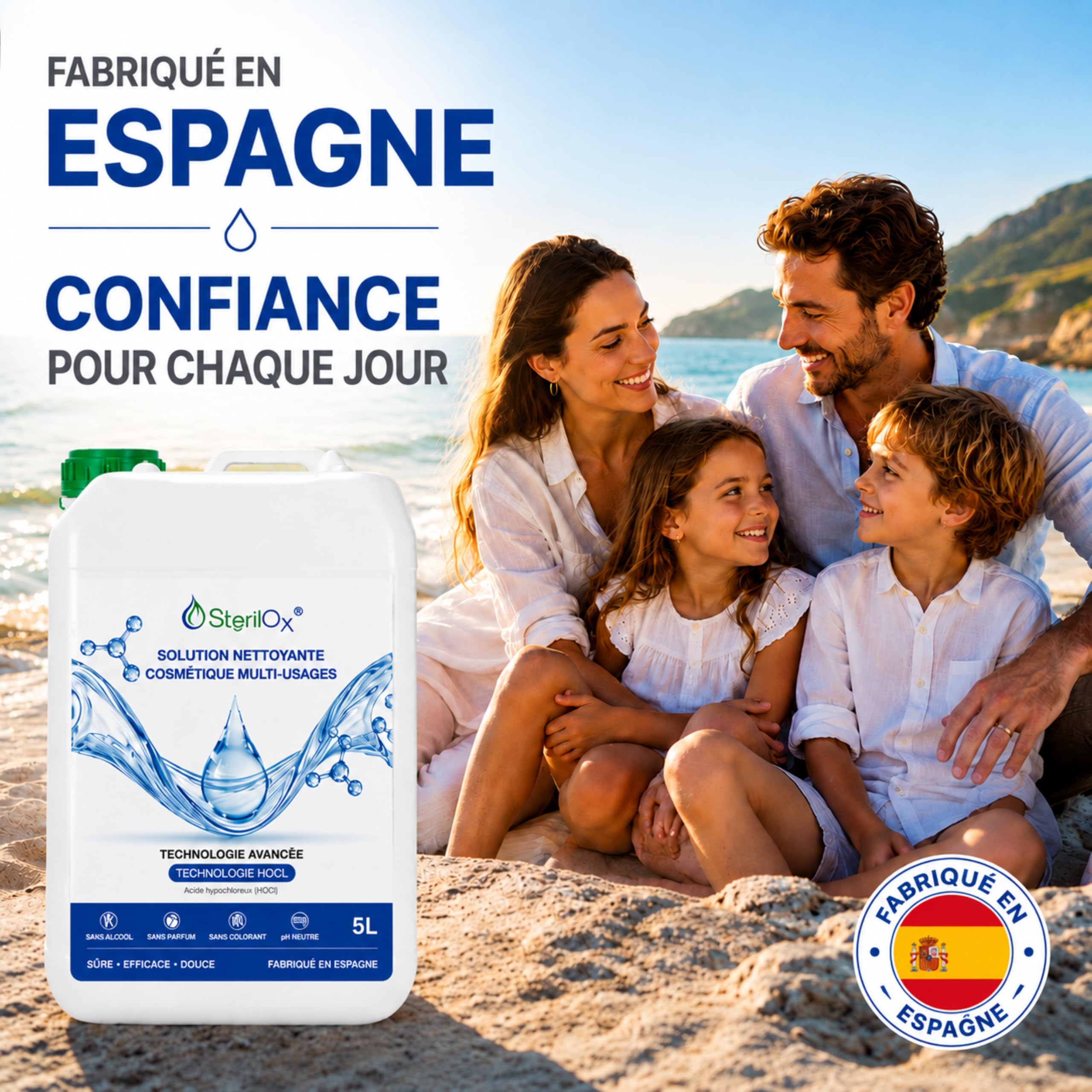 5 L – Solution hygiénique universelle à base d’acide hypochloreux (HOCl), sans alcool ni parfum, pour usage domestique et professionnel
