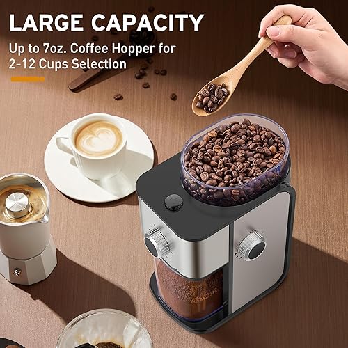 Miniatura 5 de Molinillo de café eléctrico para 2-12 tazas, molinillo de rebabas ajustable para 14 ajustes de molienda, acero inoxidable