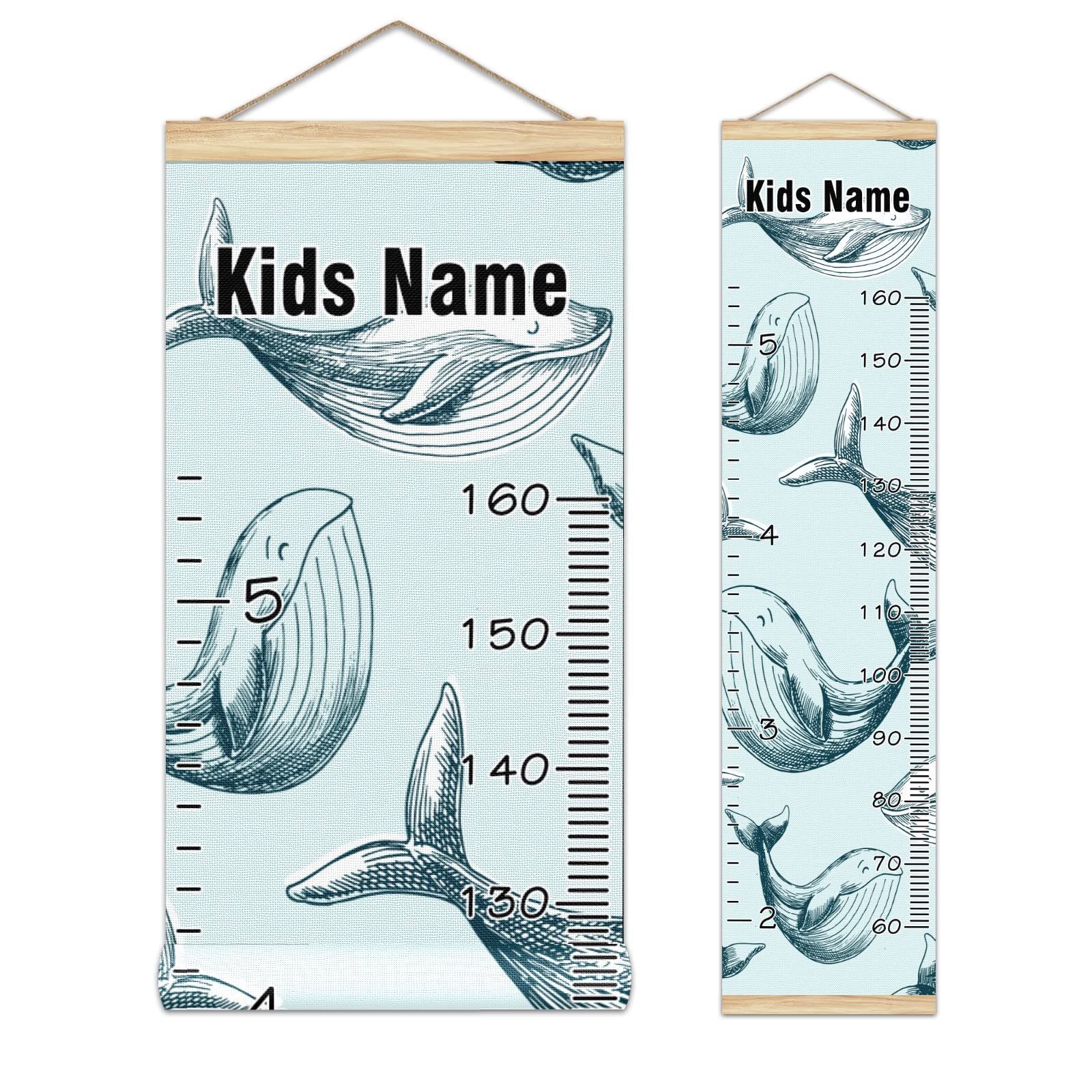 Personalized Kids Name Growth Chart Ruler for Wall Wood Frame Height Measure Chart 13.4x56 in Linen Hanging Height Growth Chart Ocean Dolphin Fish