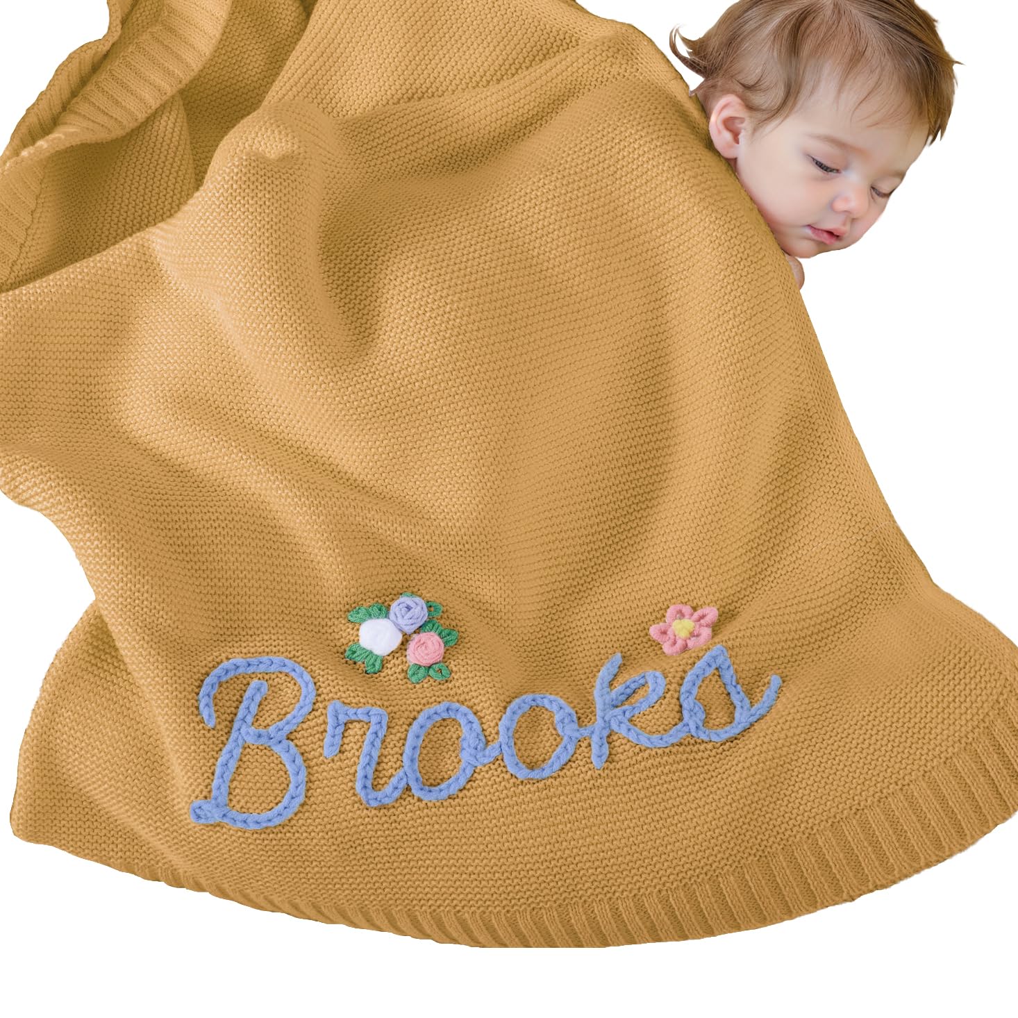 REQTYUI Personalized Baby Blanket for Boys Girls with Hand Embroidered Name Super Soft Blanket, Custom Warm Lightweight Baby Receiving Blankets Backing for Toddler Nursery(Yellow)