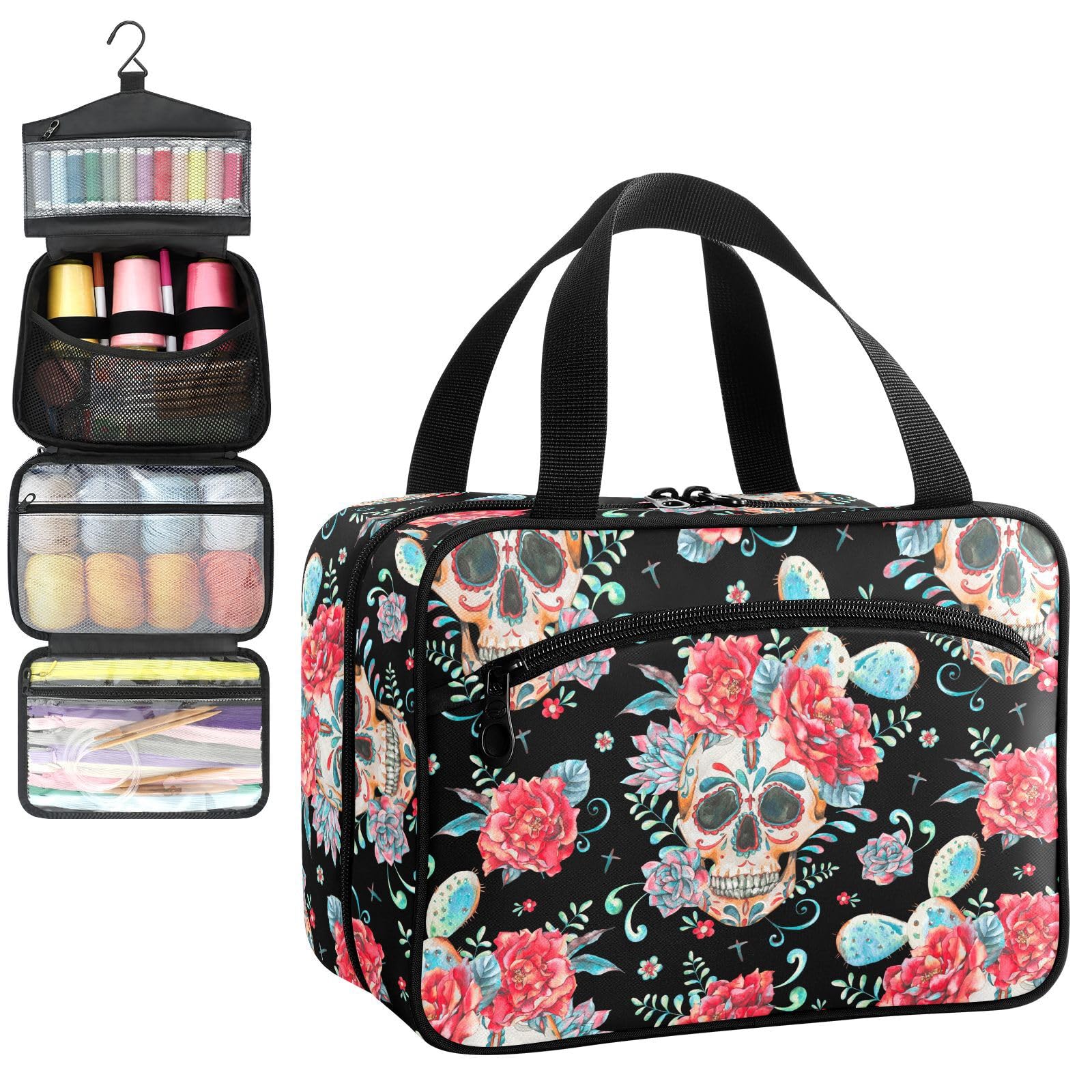 YNNALE Sewing Supply Organizer Bag, Day Of The Dead Mexico Skull Floral Cactus Black Portable Sewing Bags with Pockets&Hanger, Sewing Storage Box Case for Sew Supplies/Kit/Tools/Accessories (BAG ONLY)