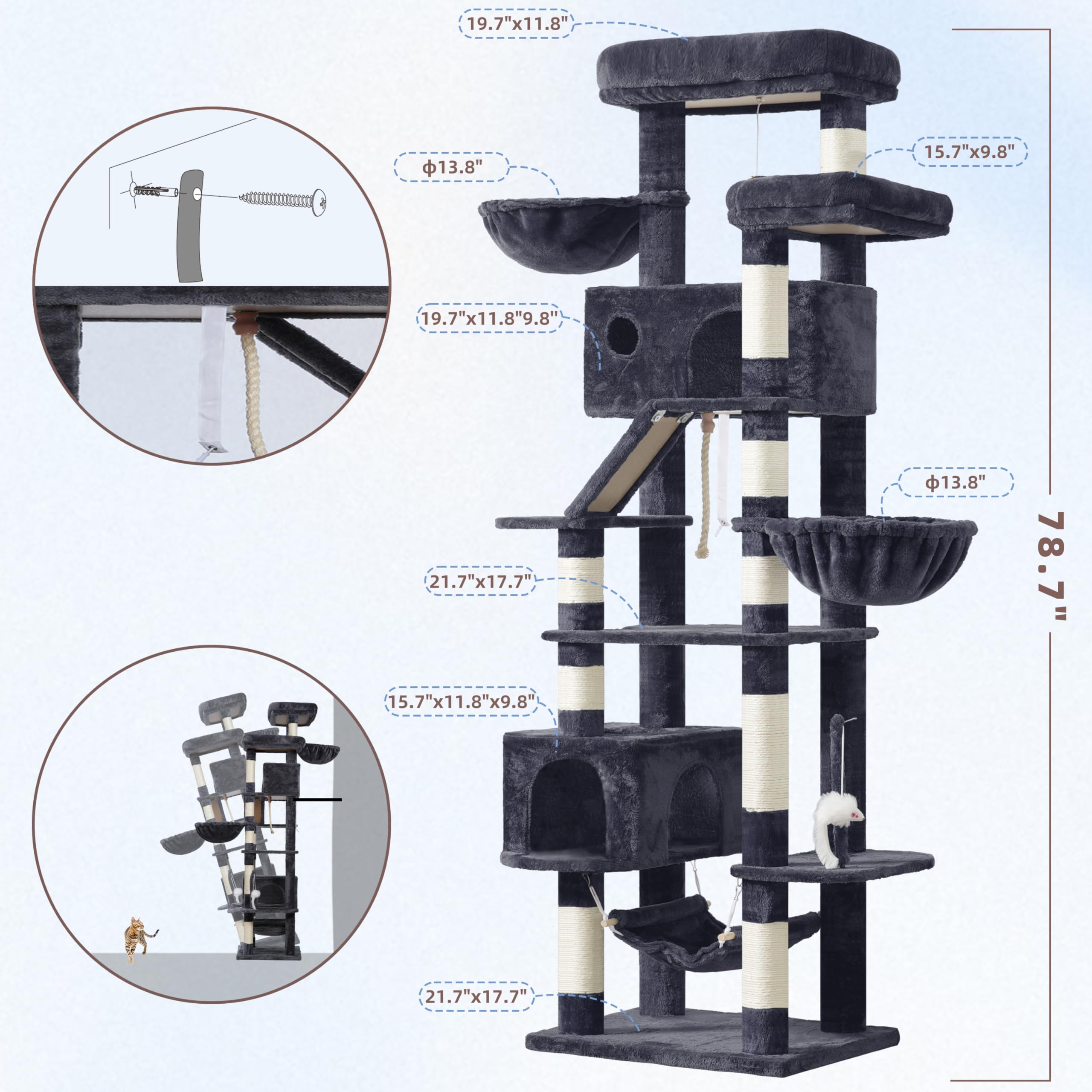 Gitelsnour rascador para Gatos Grandes, árbol para Gatos de Interior de 200 cm, con Amplia Plataformas Superior, Cuevas, Hamaca, rascadores, Gris Ahumado GCT031G