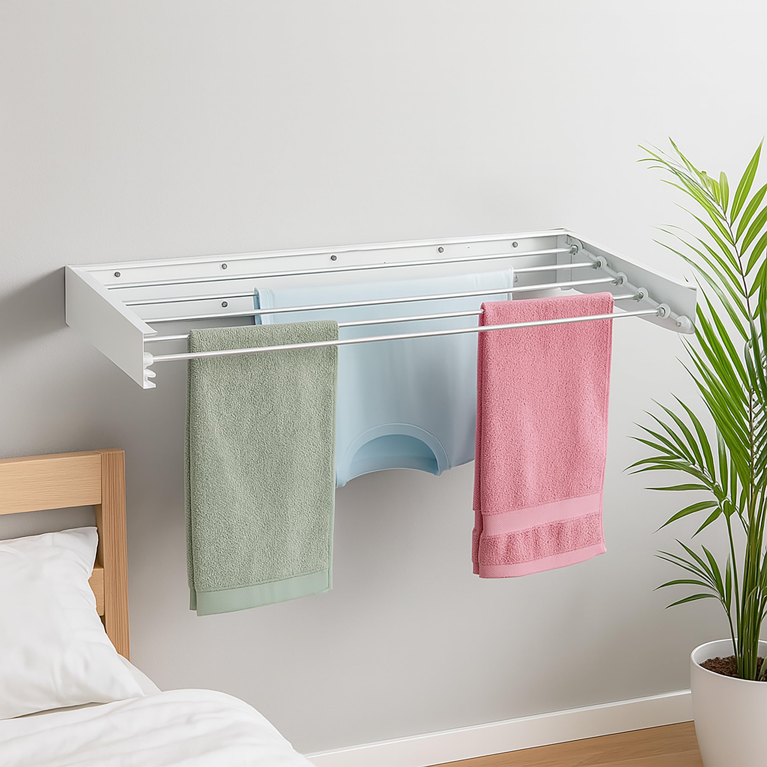 Relaxdays Étendoir Mural, Pliable, Peu encombrant, H x L x P : 15 x 100 x 50 cm, pour intérieur ou extérieur, Blanc