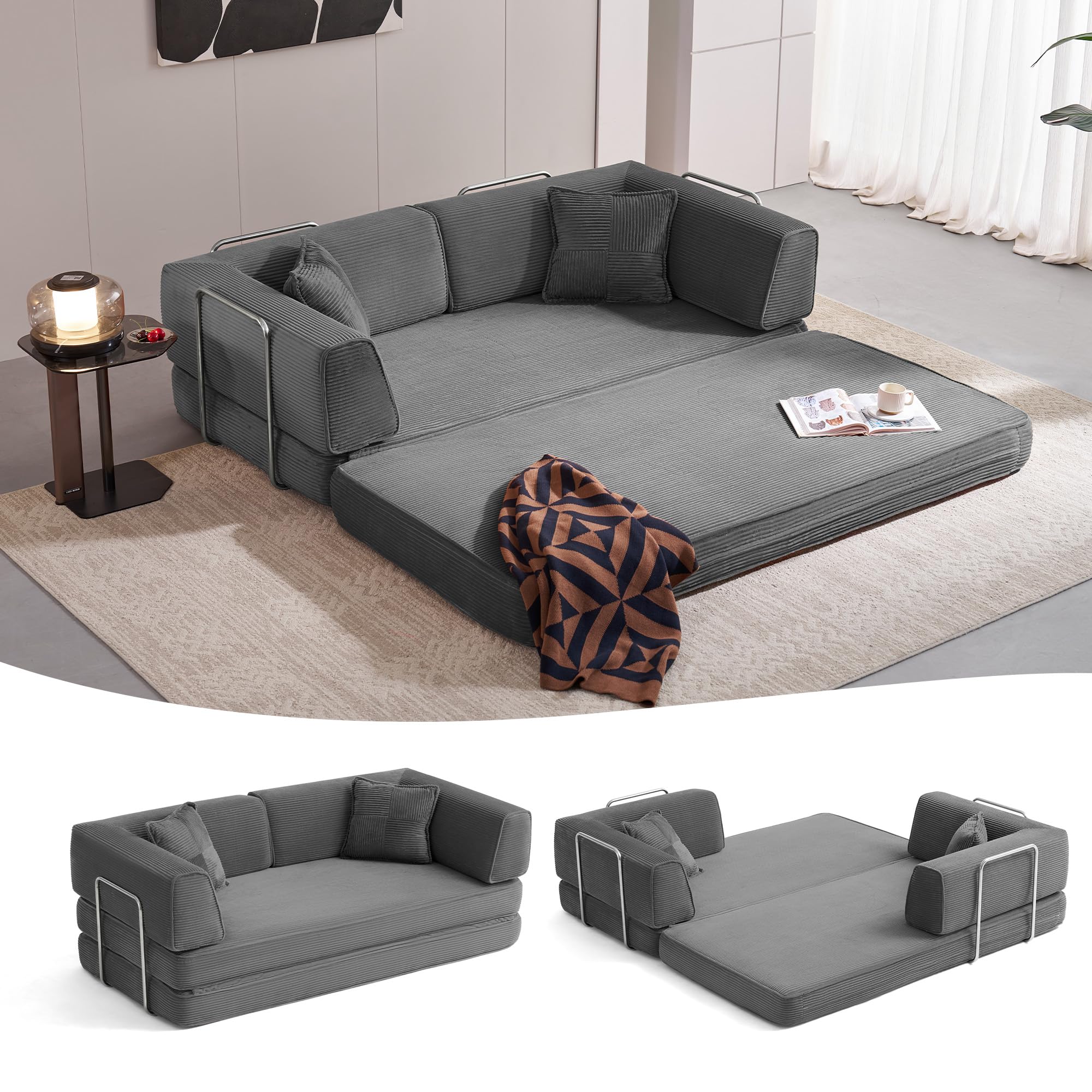 LINSY HOME Schlafsofa - Bodensofa Bed mit Pillow Back Support Armrest - Schlafsofa Klappbar 160 cm Breit- Compressed Sofa in Box - Cord Stoff für Wohnzimmer Schlafzimmer