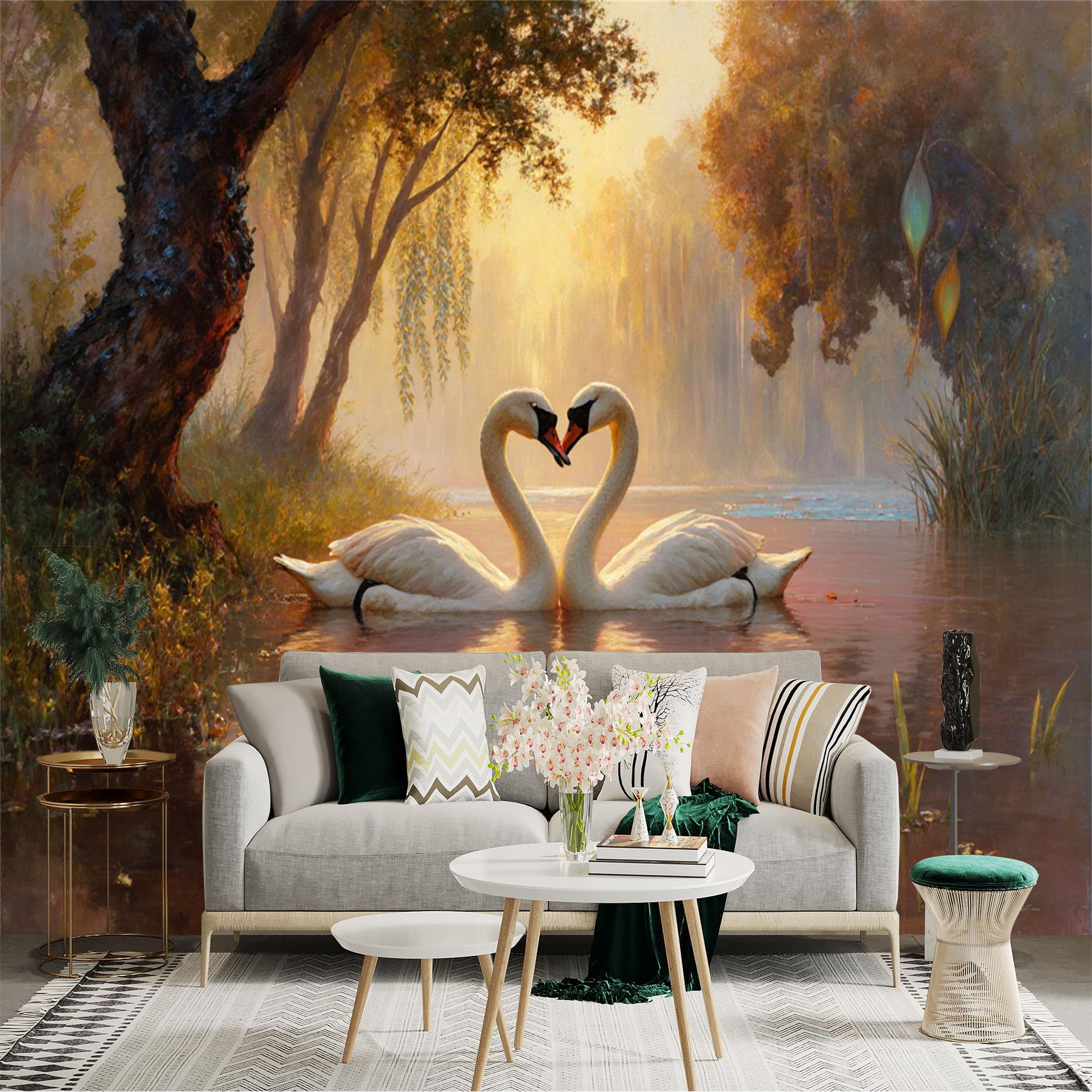 Custom Size Wall Sticker Mural， Two Elegant Swans Forming A Heart Shape， Romantic Lake Sunset Scenery， Golden Sunlight Reflection， for wall Decoration， peelandstick wall Decals.