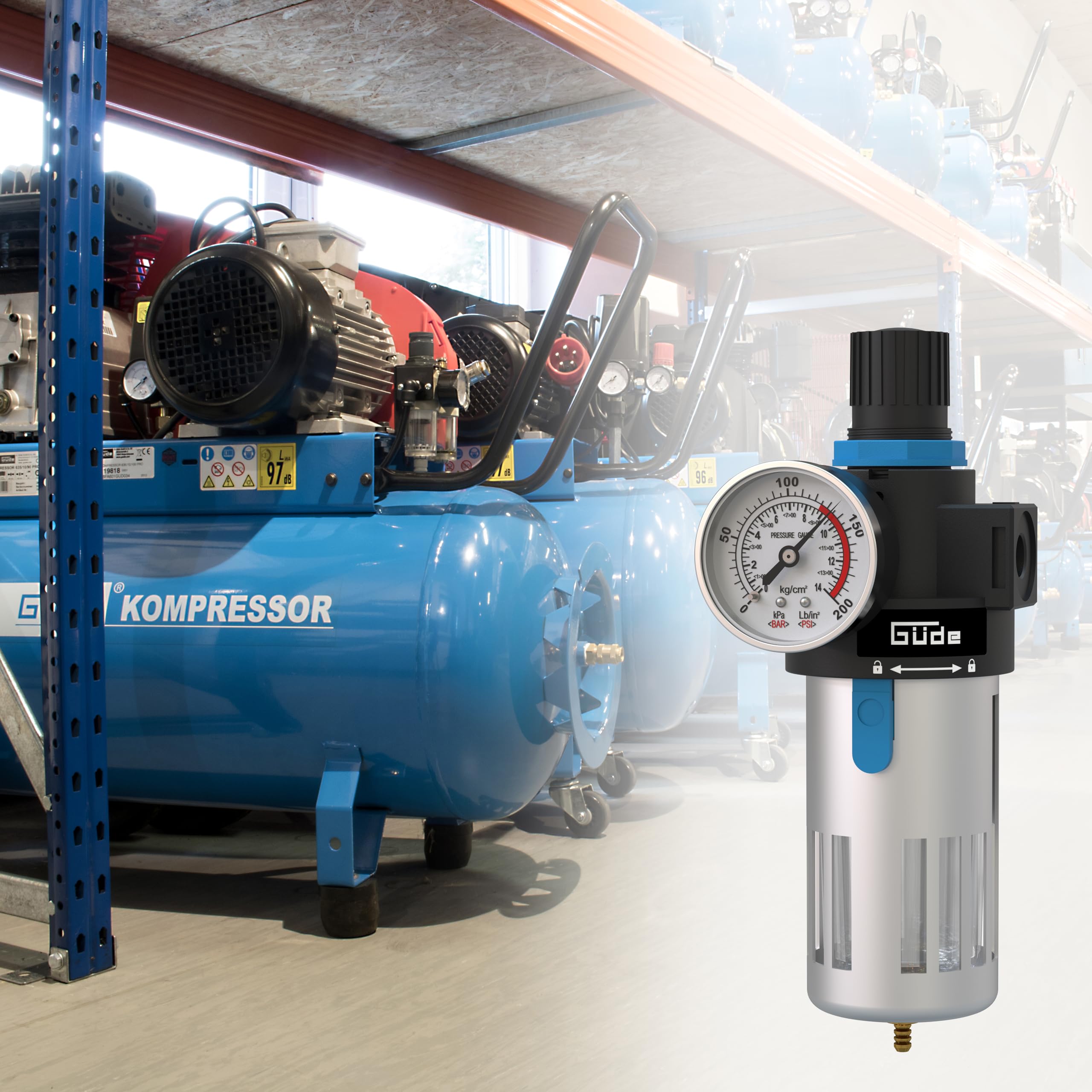 Güde Unité D'entretien 1/4" (filetage De Raccordement IG 1/4", Pression De Travail Maximale 10 Bar, Montage Sur Un Compresseur, Réglage De La Pression