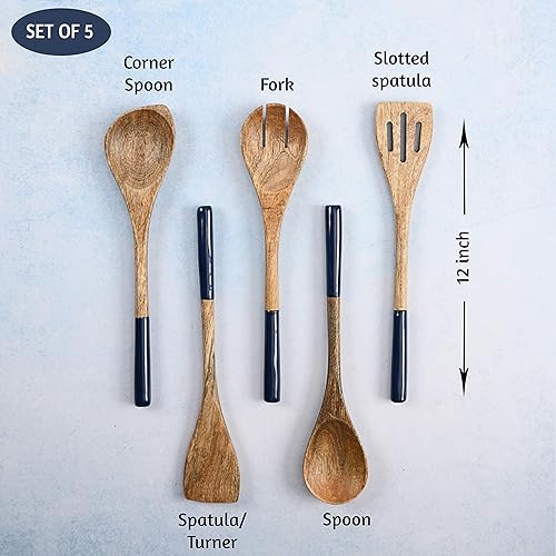 Miniatura 2 de Folkulture Cucharas de madera para cocinar juego de 5 juegos de utensilios de cocina antiadherentes que incluyen cuchara de madera tenedor de servir