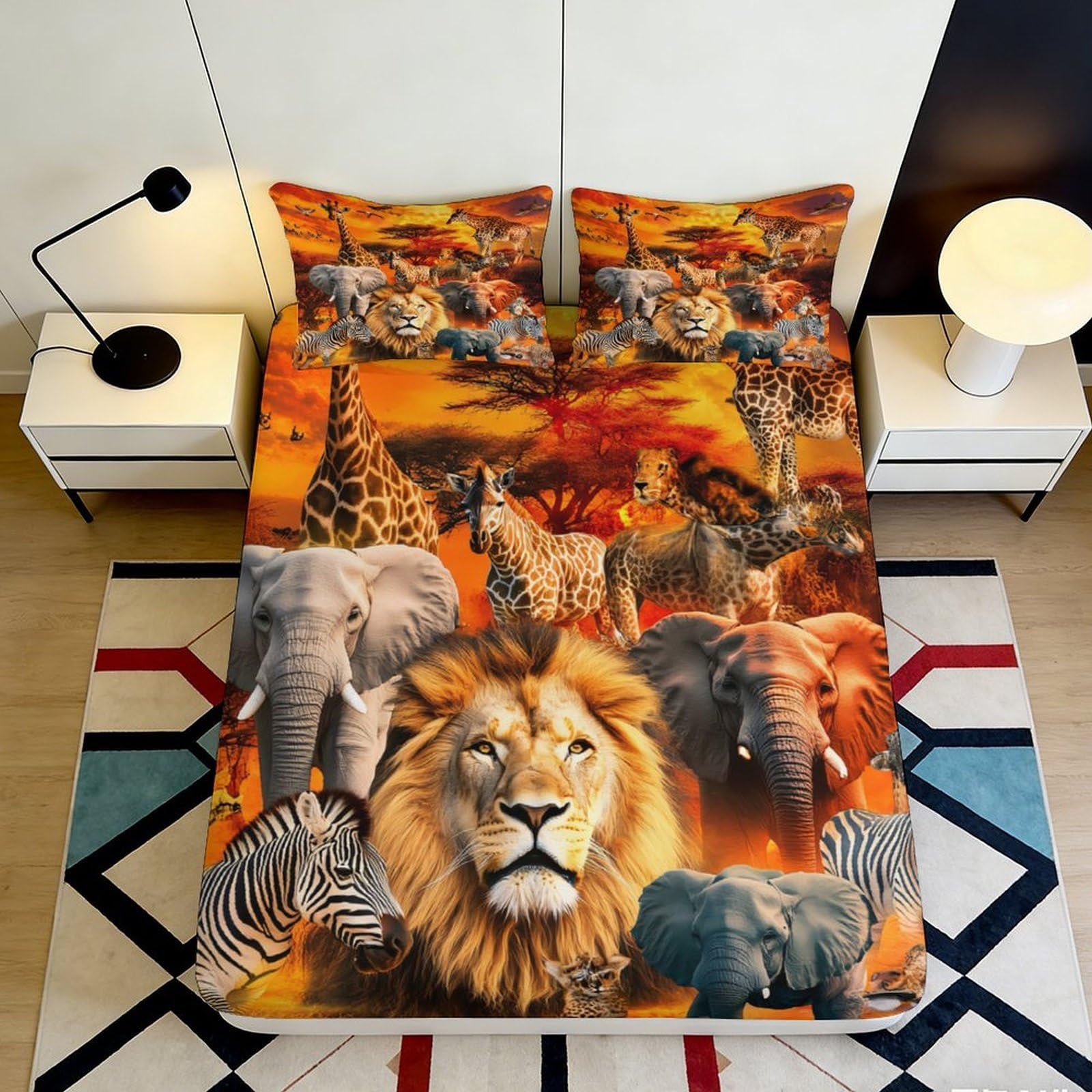 3D Printed Safari Animal Fitted Sheet Microfiber Deep Pocket Non-Slip Bedroom Bedding African Wildlife Mattress Fitted Cover Washable 200x200x25cm